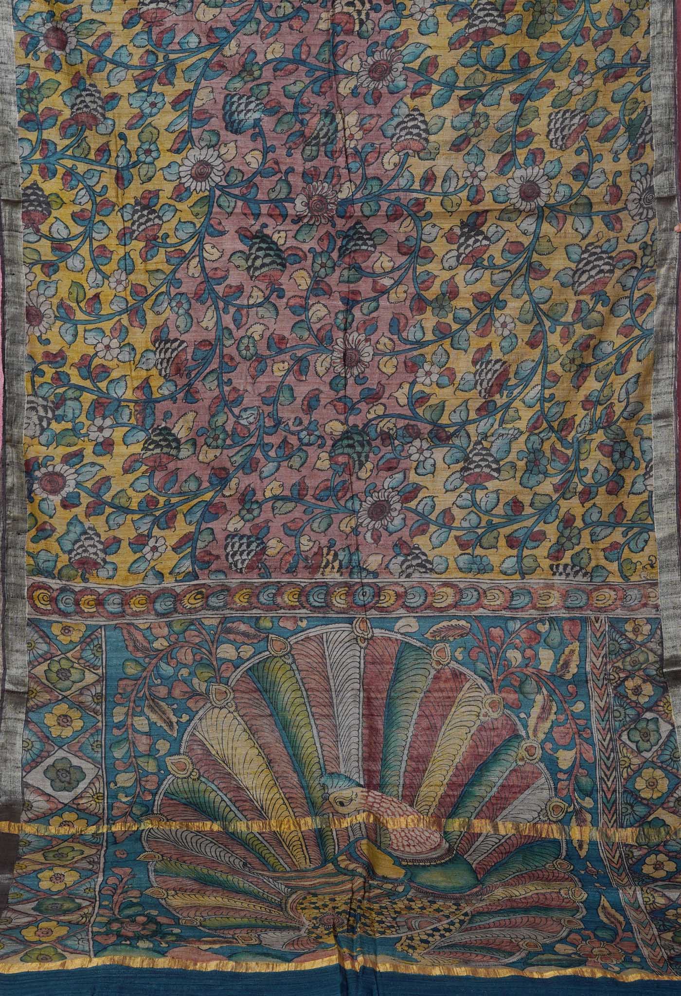 Multi Colored Kalamkari on Pure Handloom Tussar Silk Saree