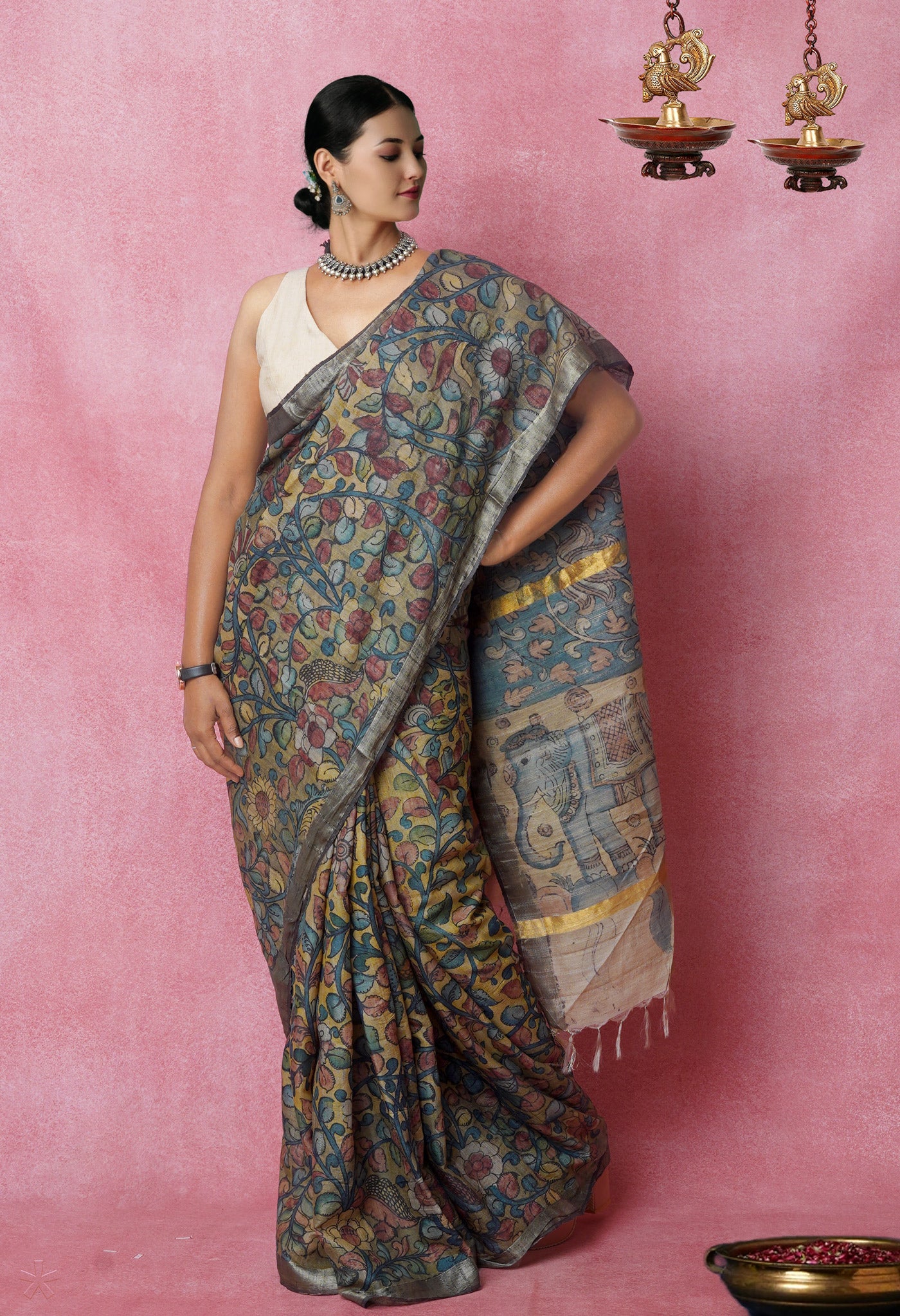 Multi Colored Kalamkari on Pure Handloom Tussar Silk Saree