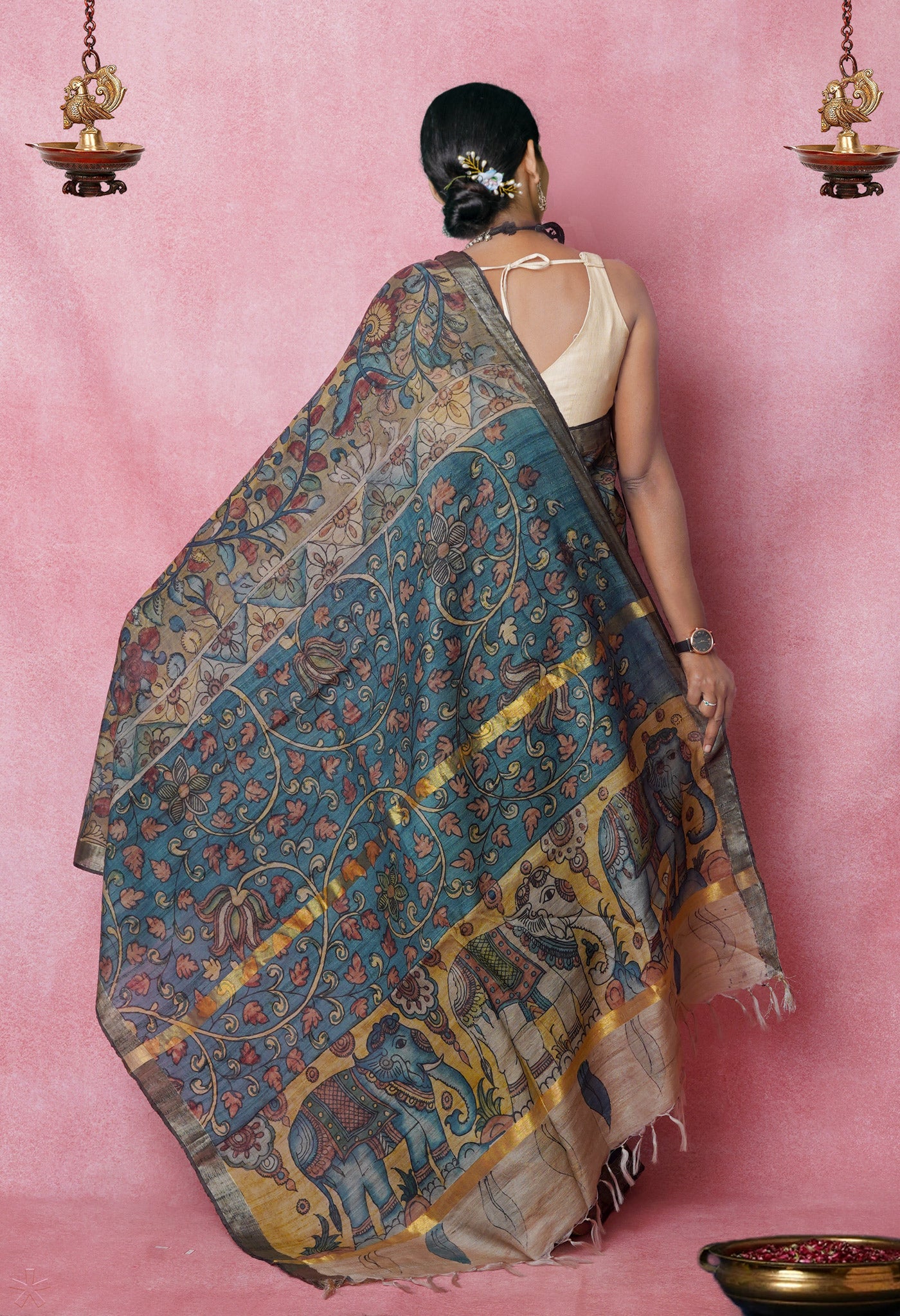 Multi Colored Kalamkari on Pure Handloom Tussar Silk Saree