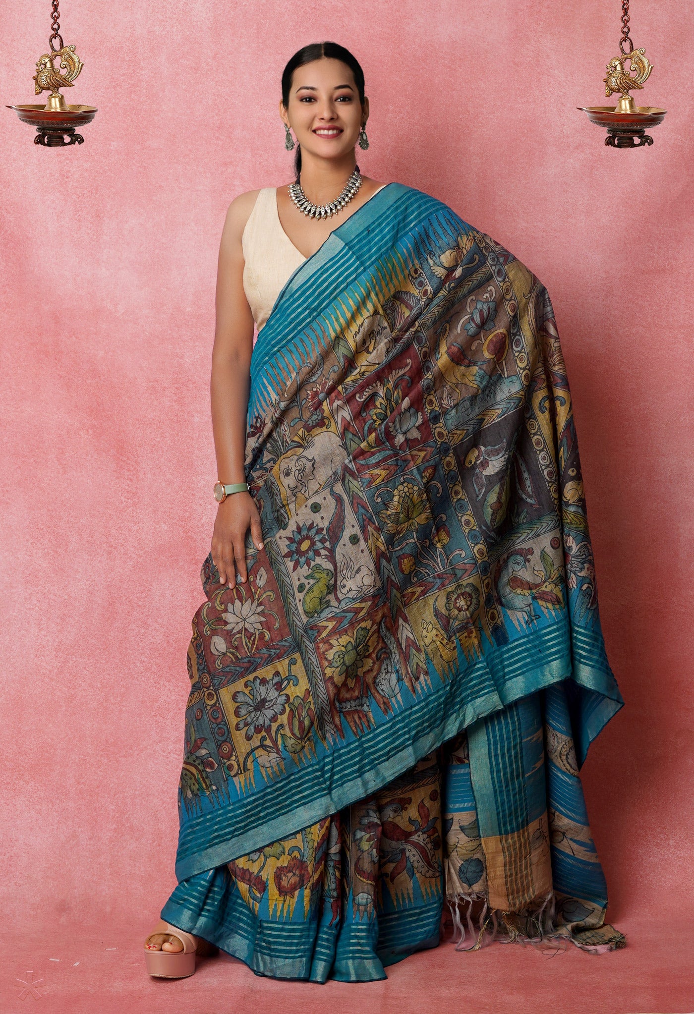 Multi Colored Kalamkari on Pure Handloom Tussar Silk Saree