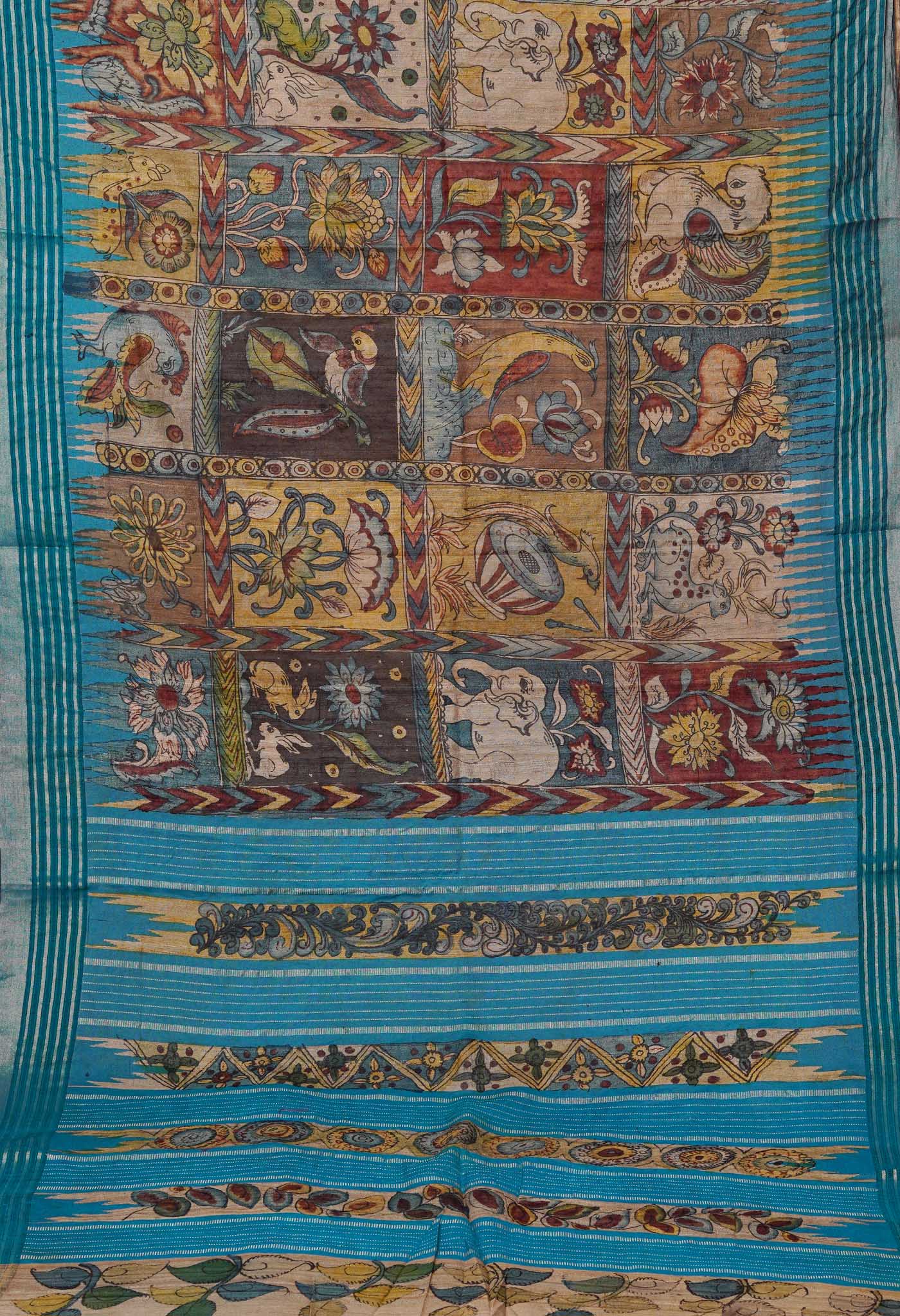 Multi Colored Kalamkari on Pure Handloom Tussar Silk Saree