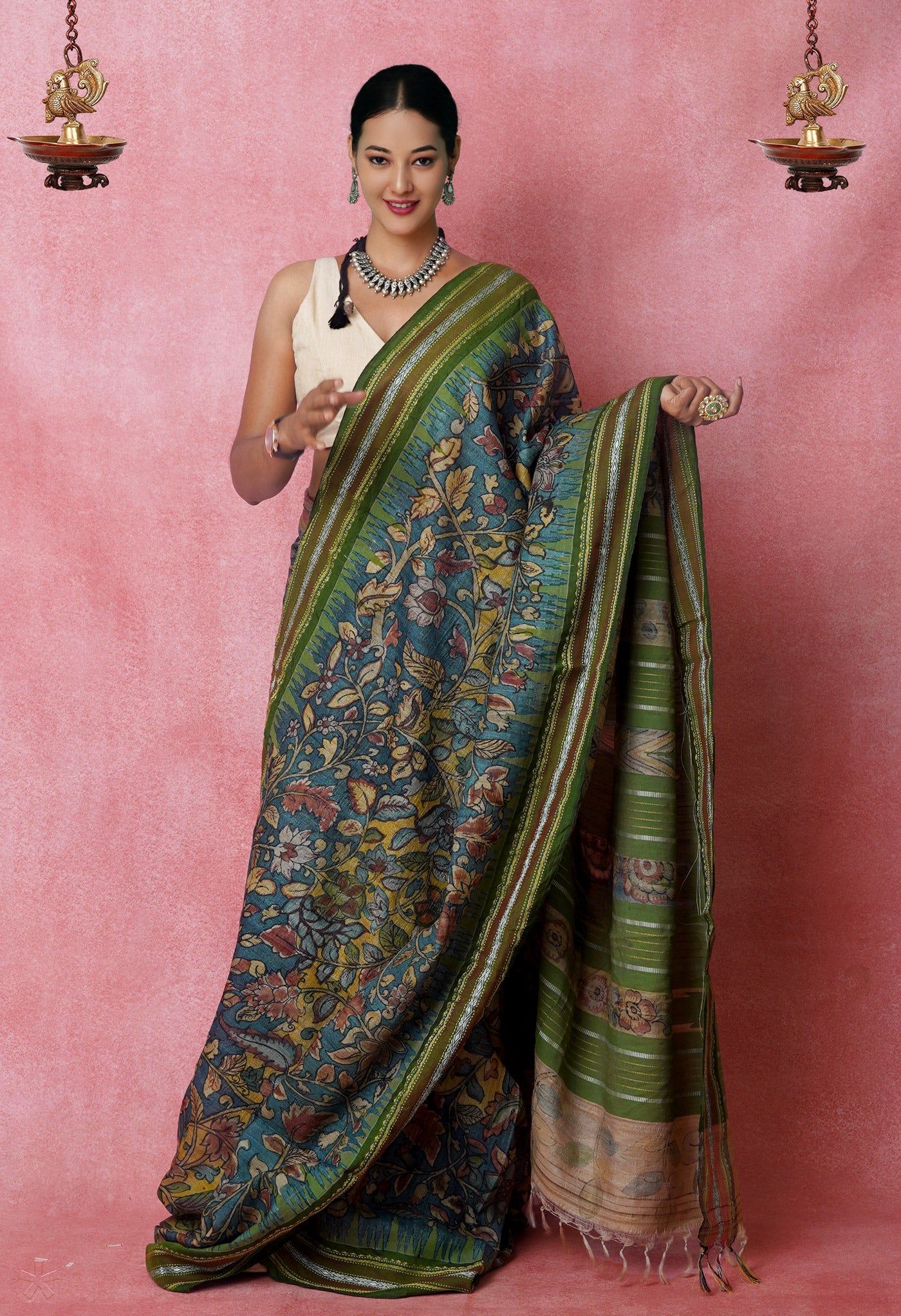 Multi Colored Kalamkari on Pure Handloom Tussar Silk Saree