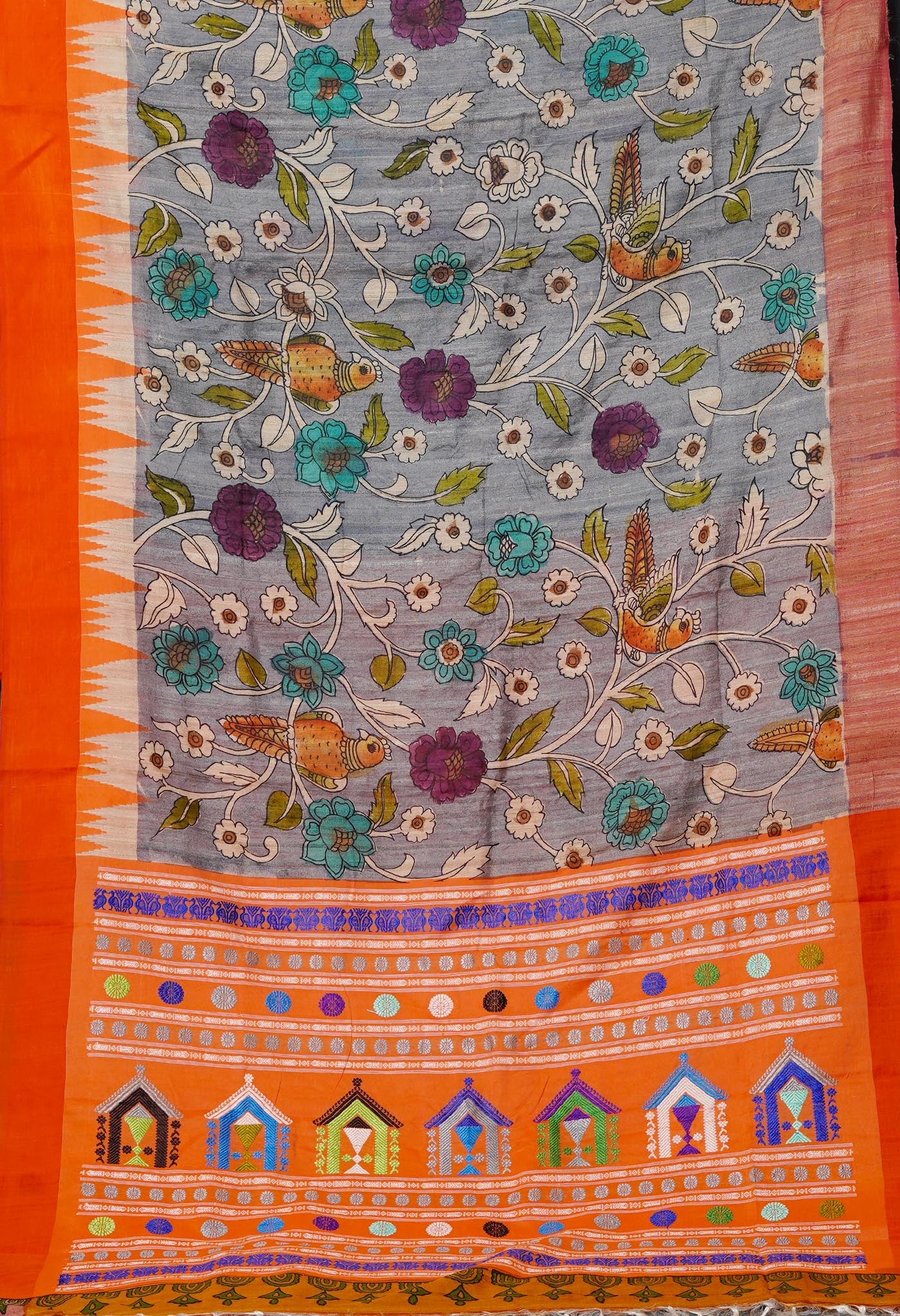 Grey Handpainted Kalamkari on Pure Handloom Tussar Silk Saree