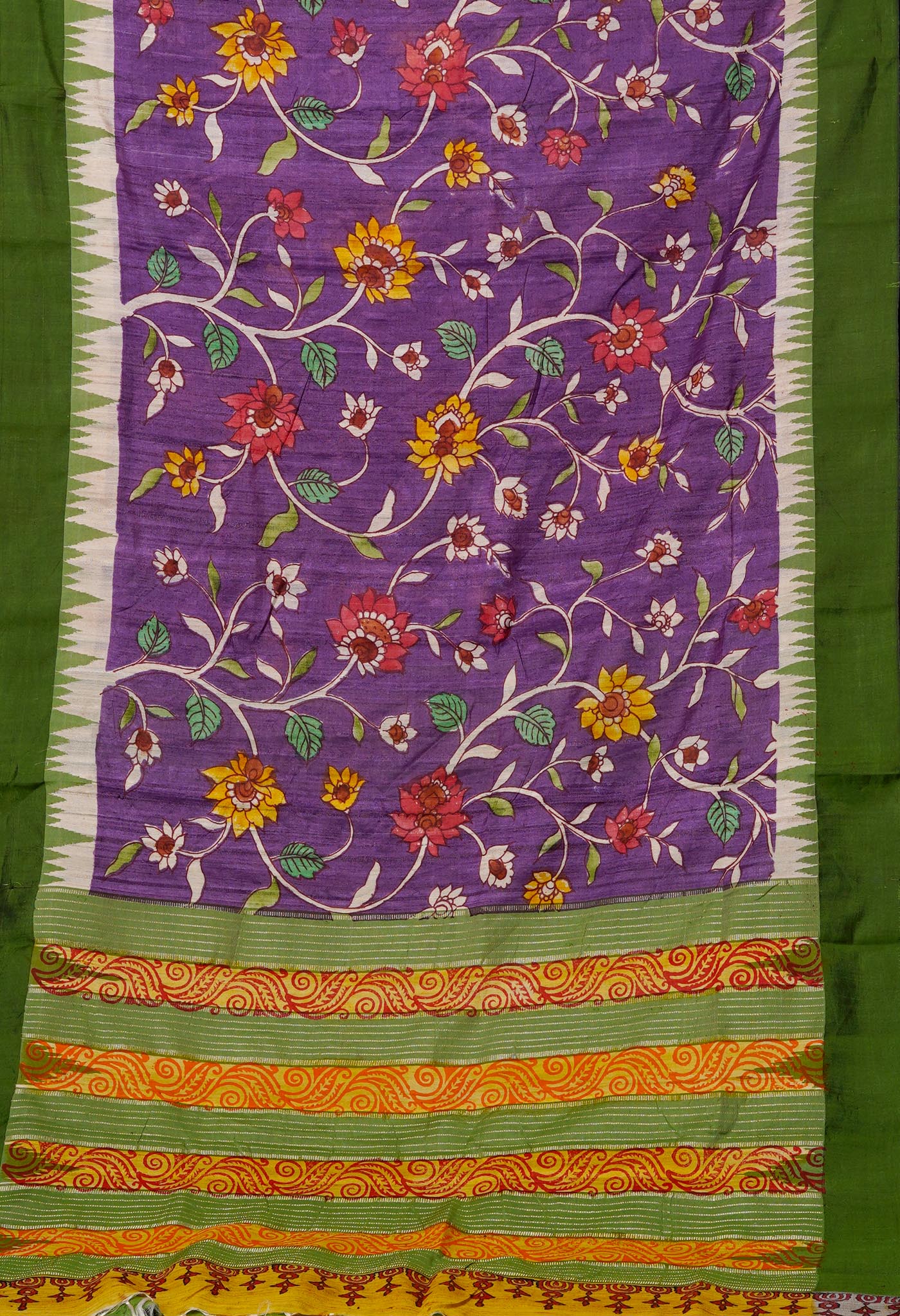 Purple Handpainted Kalamkari on Pure Handloom Tussar Silk Saree