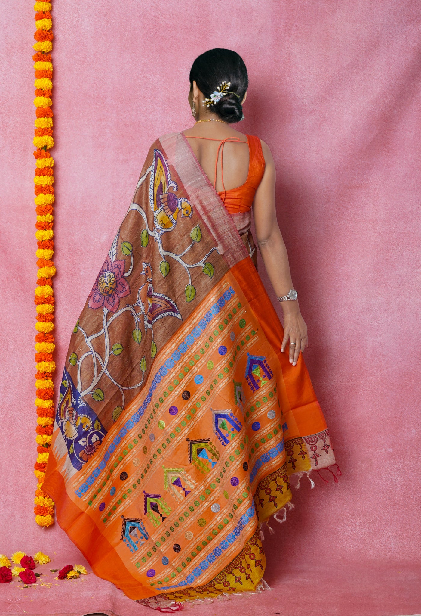 Brown Handpainted Kalamkari on Pure Handloom Tussar Silk Saree