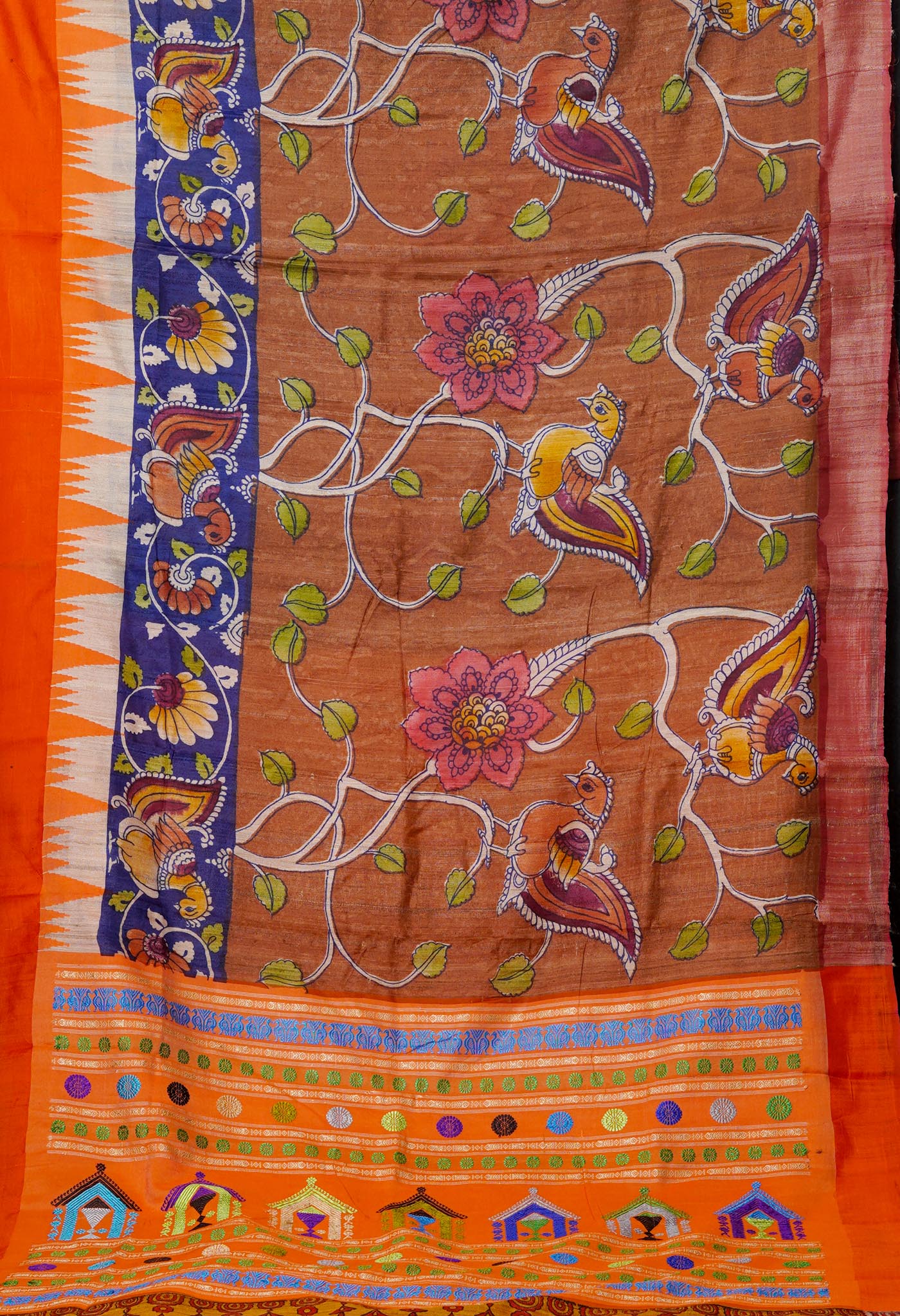 Brown Handpainted Kalamkari on Pure Handloom Tussar Silk Saree