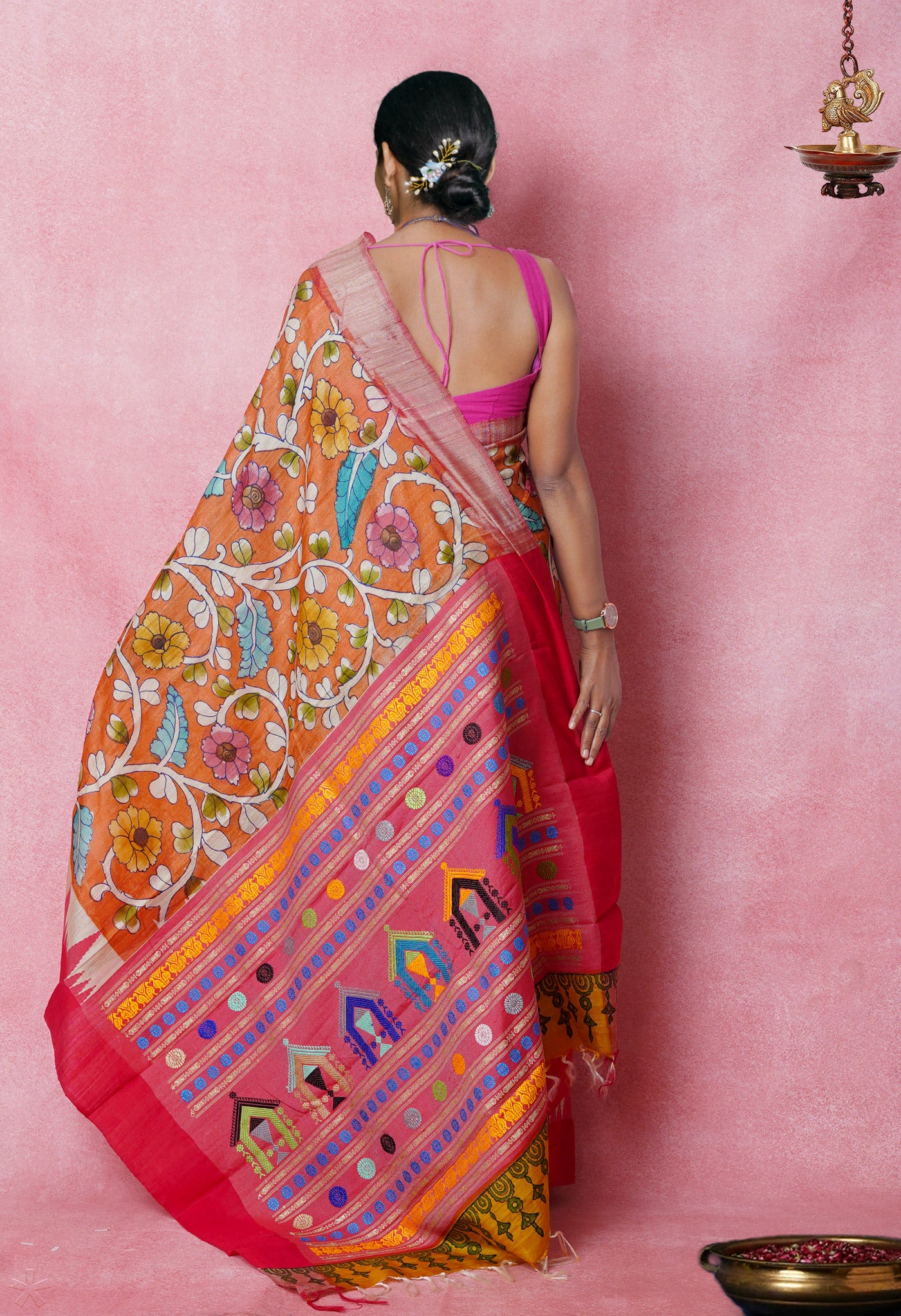 Orange Handpainted Kalamkari on Pure Handloom Tussar Silk Saree