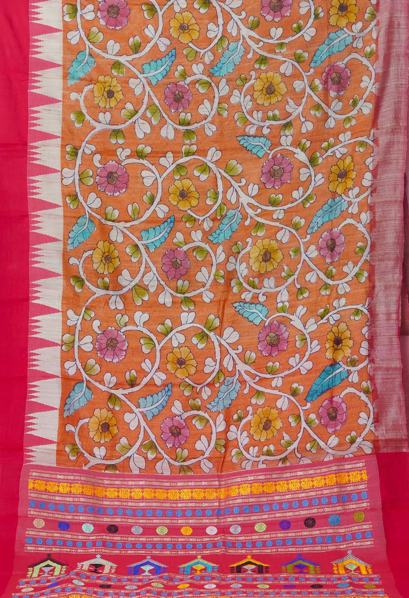 Orange Handpainted Kalamkari on Pure Handloom Tussar Silk Saree