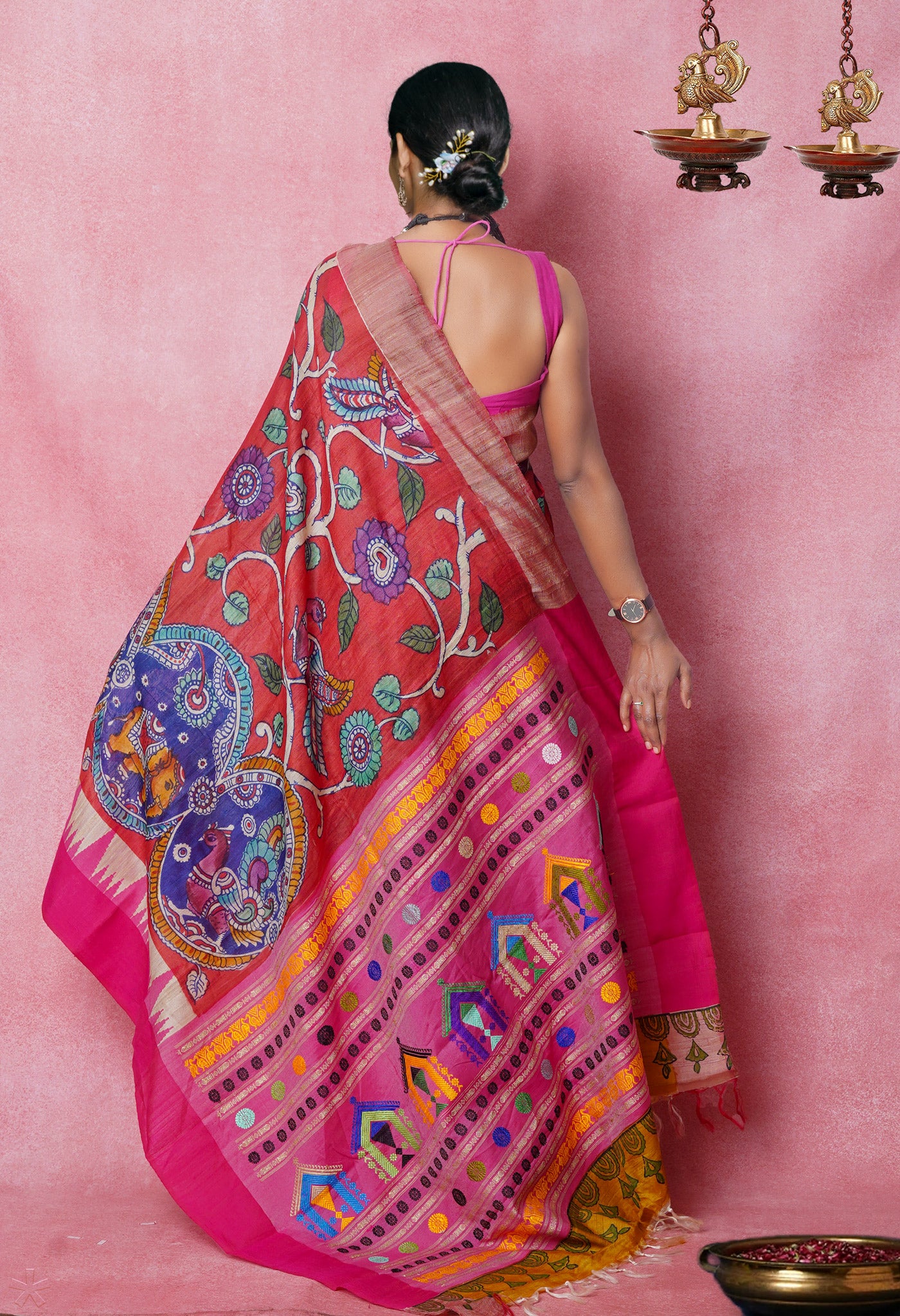 Red-Blue Handpainted Kalamkari on Pure Handloom Tussar Silk Saree