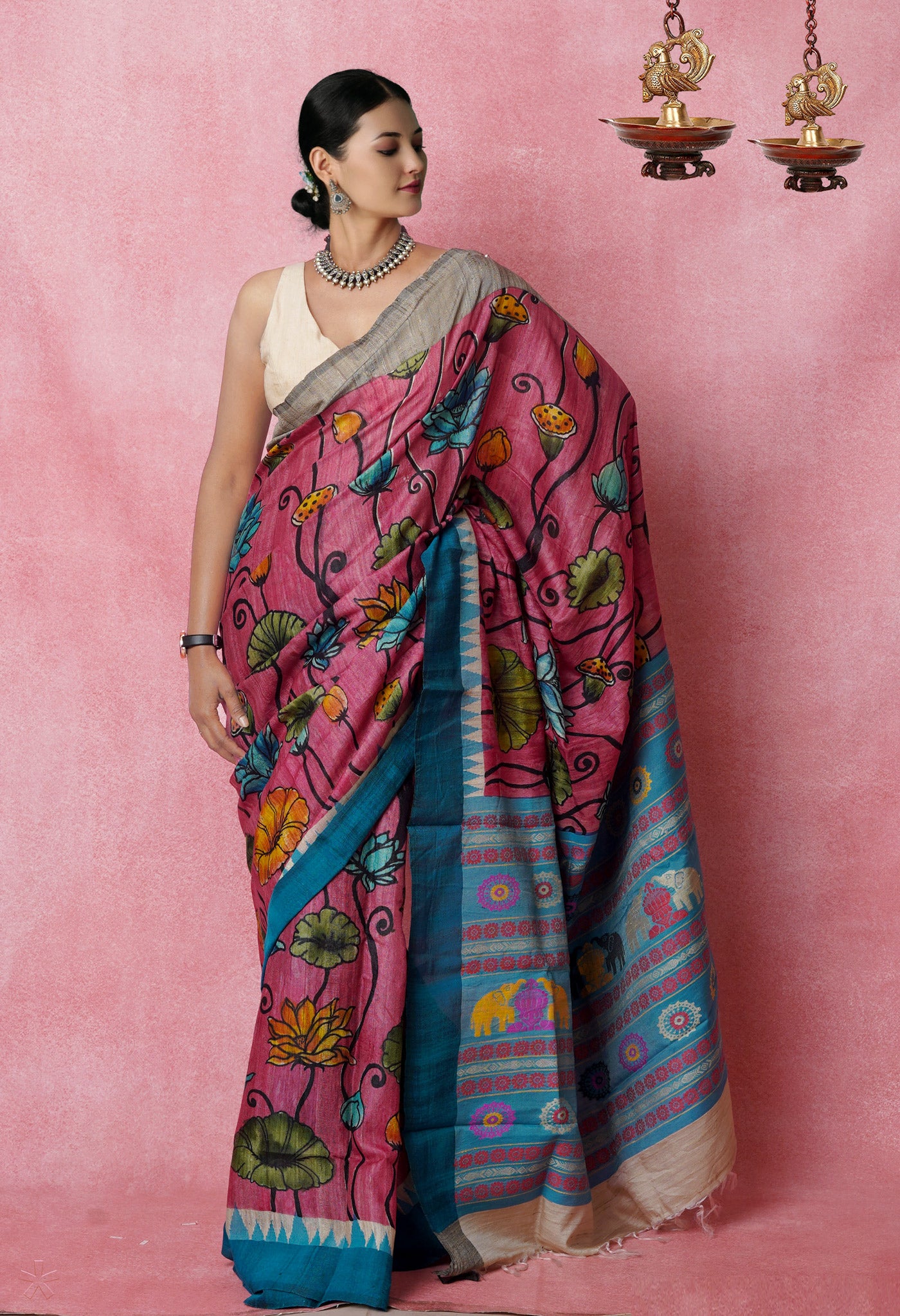 Pink Handpainted Kalamkari on Pure Handloom Tussar Silk Saree