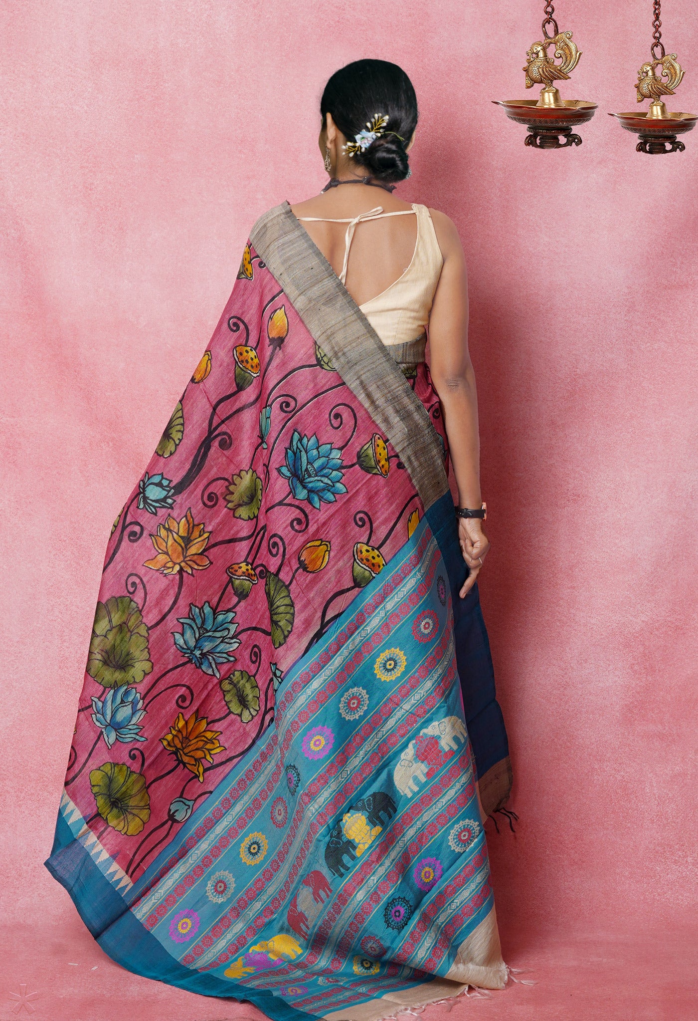 Pink Handpainted Kalamkari on Pure Handloom Tussar Silk Saree