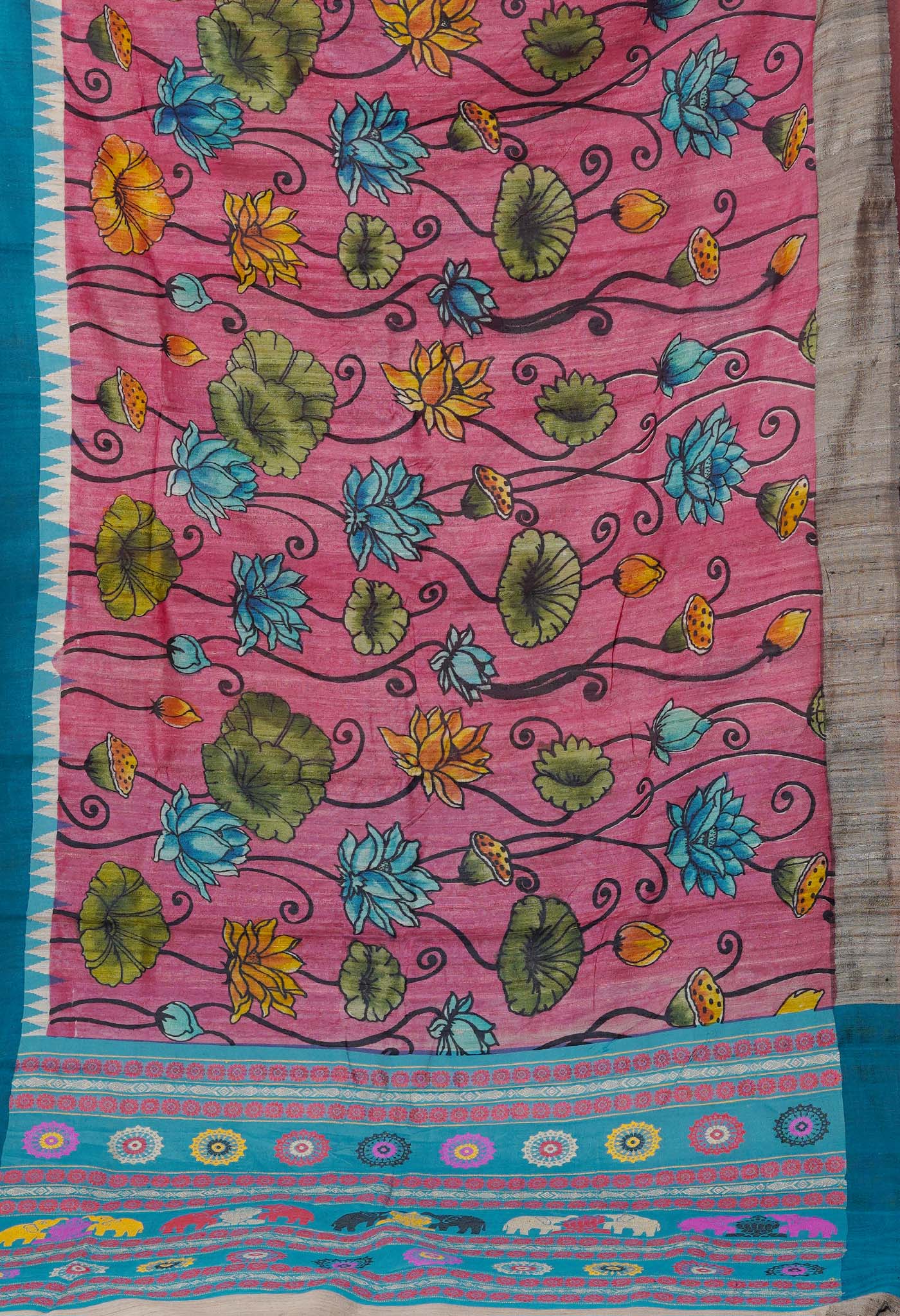 Pink Handpainted Kalamkari on Pure Handloom Tussar Silk Saree