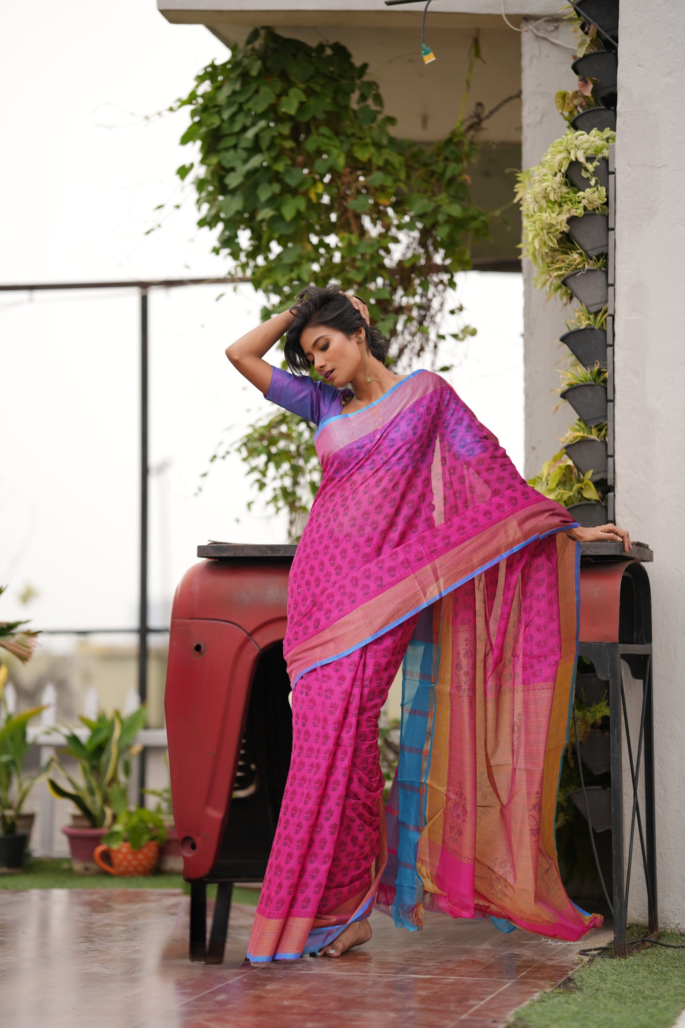 Pink Pure  Block Printed Mangalgiri Cotton Saree