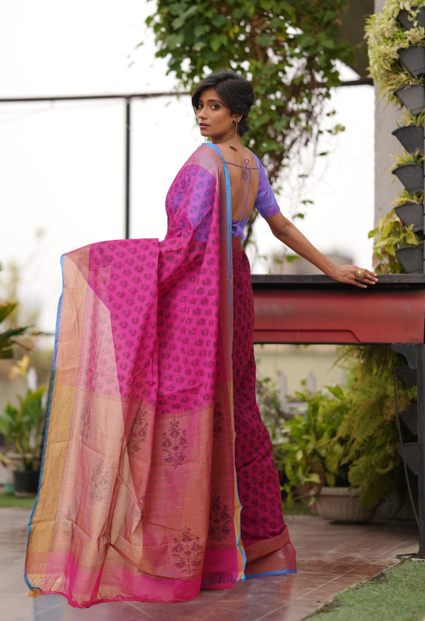 Pink Pure Block Printed Mangalgiri Cotton Saree