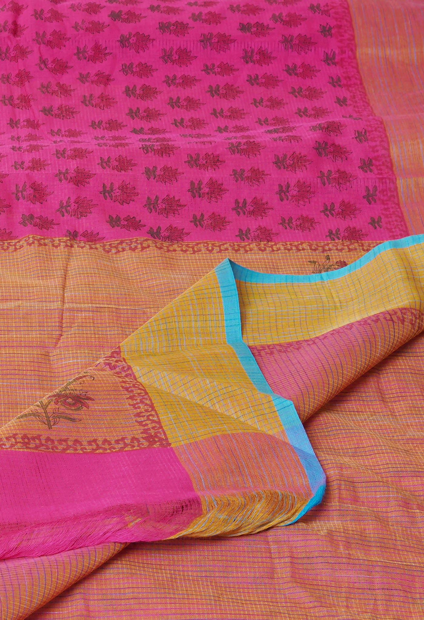 Pink Pure Block Printed Mangalgiri Cotton Saree