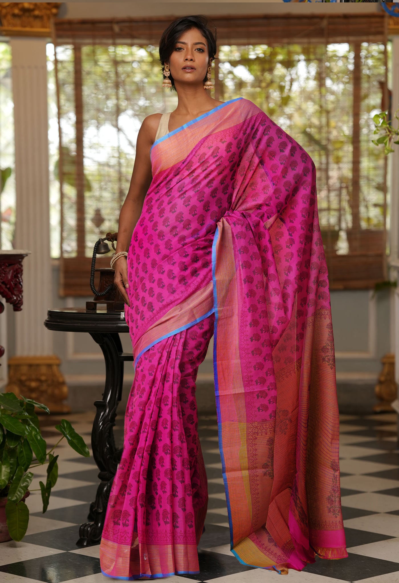 Pink Pure  Block Printed Mangalgiri Cotton Saree