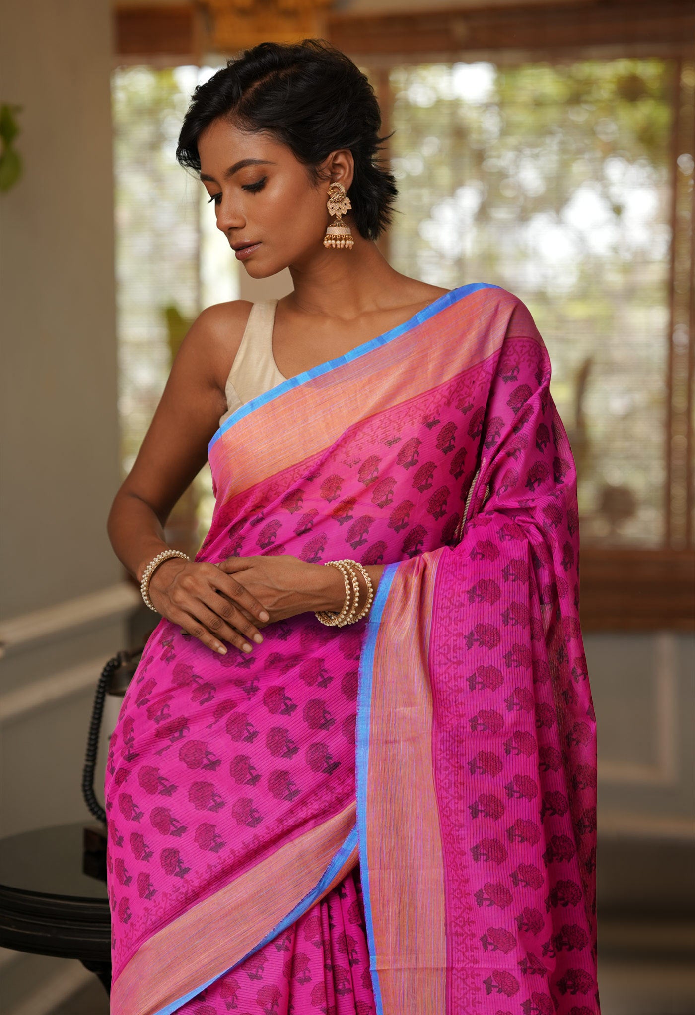 Pink Pure  Block Printed Mangalgiri Cotton Saree