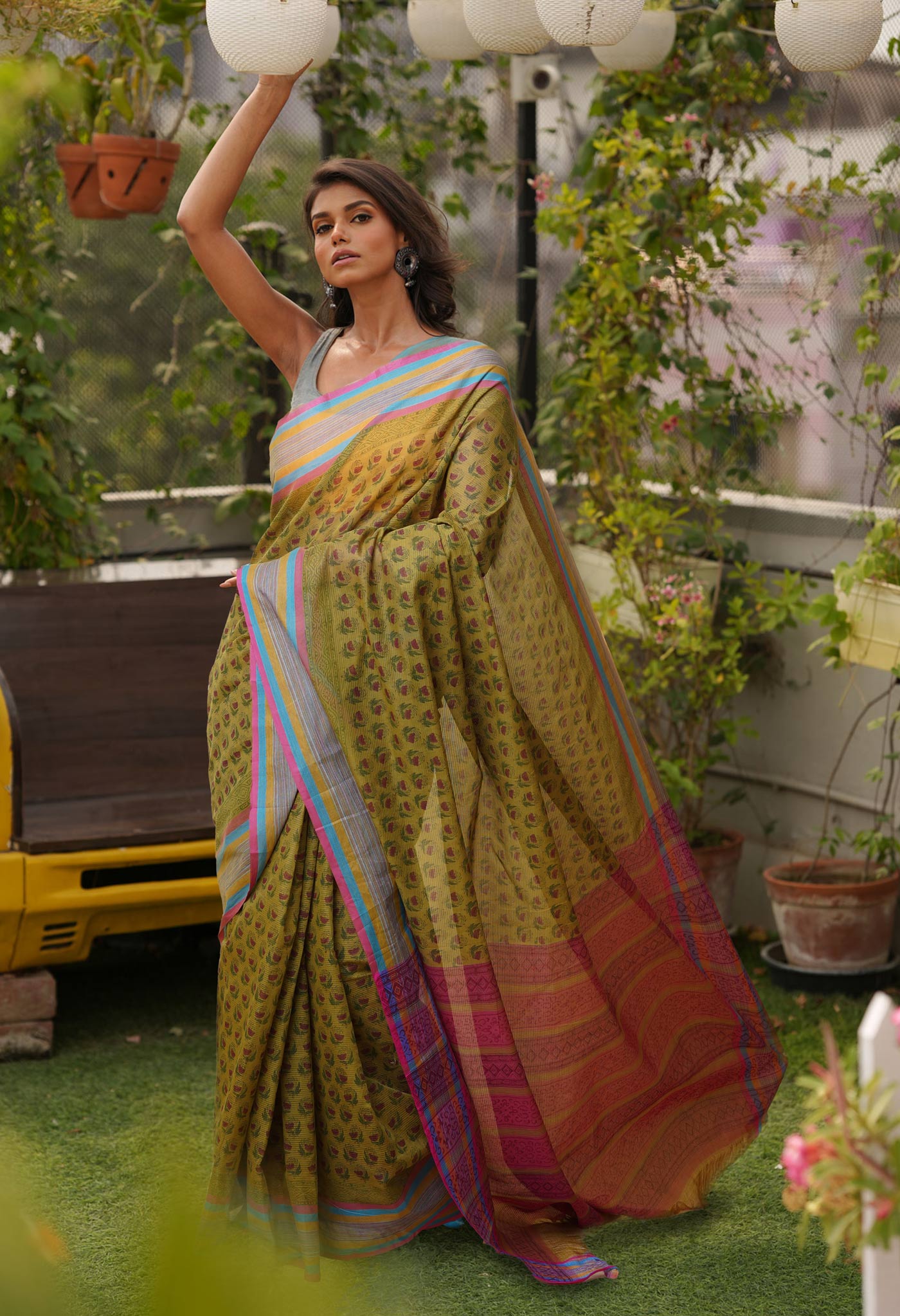 Mehind Green Pure Block Printed Mangalgiri Cotton Saree