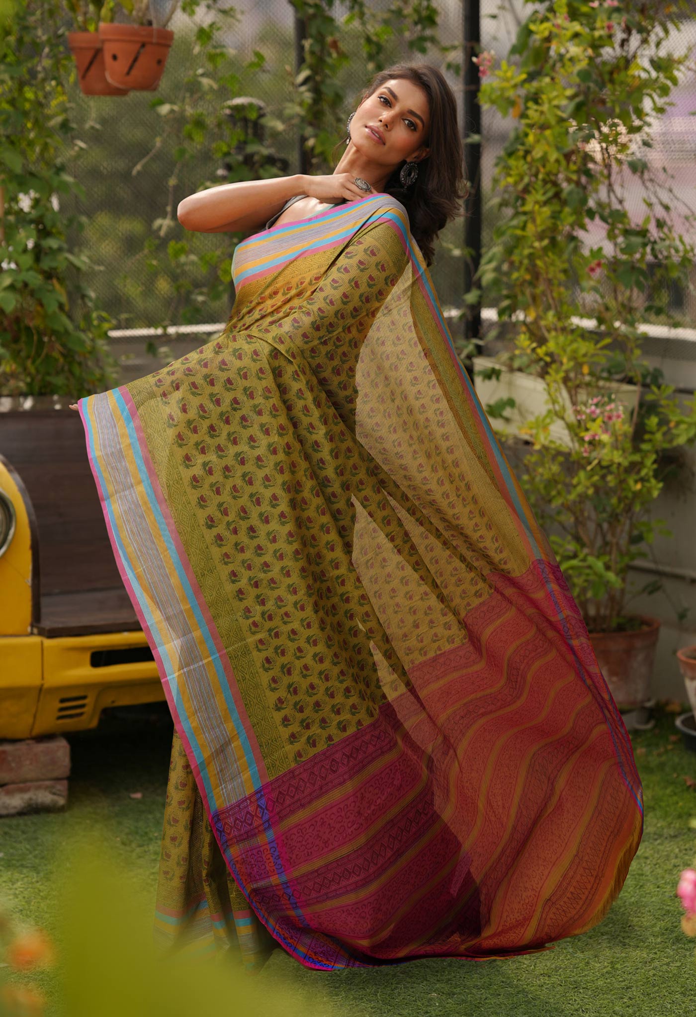 Mehind Green Pure  Block Printed Mangalgiri Cotton Saree