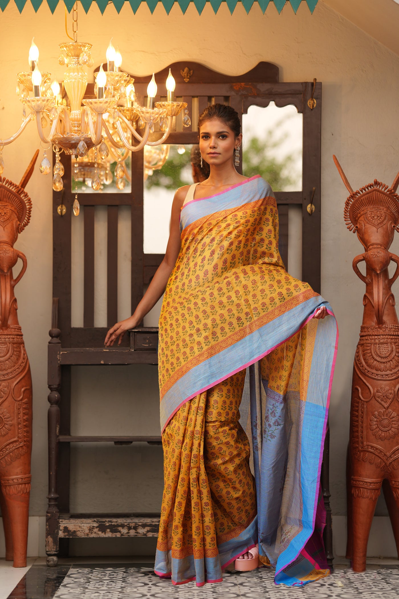 Yellow Pure  Block Printed Mangalgiri Cotton Saree