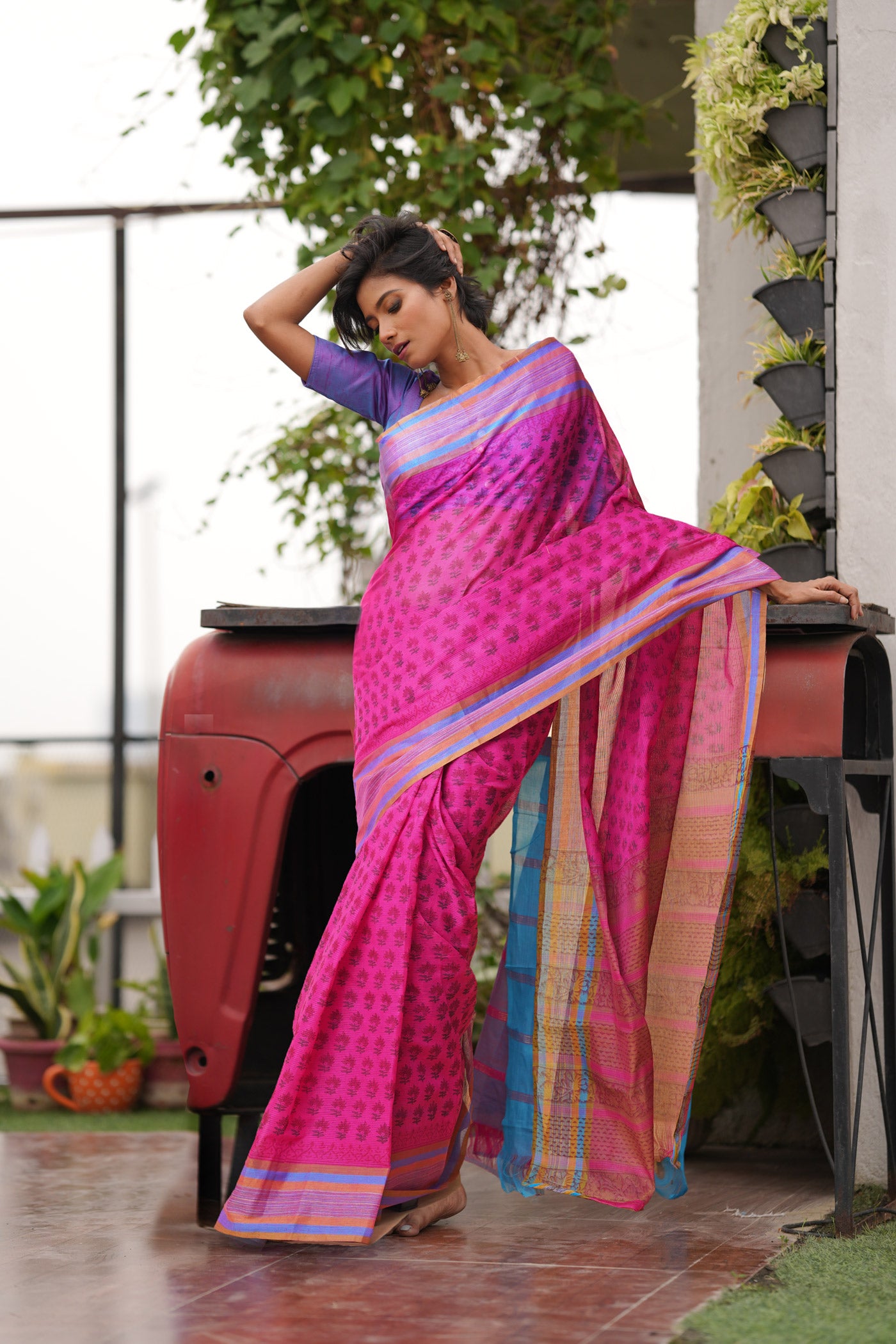 Pink Pure  Block Printed Mangalgiri Cotton Saree