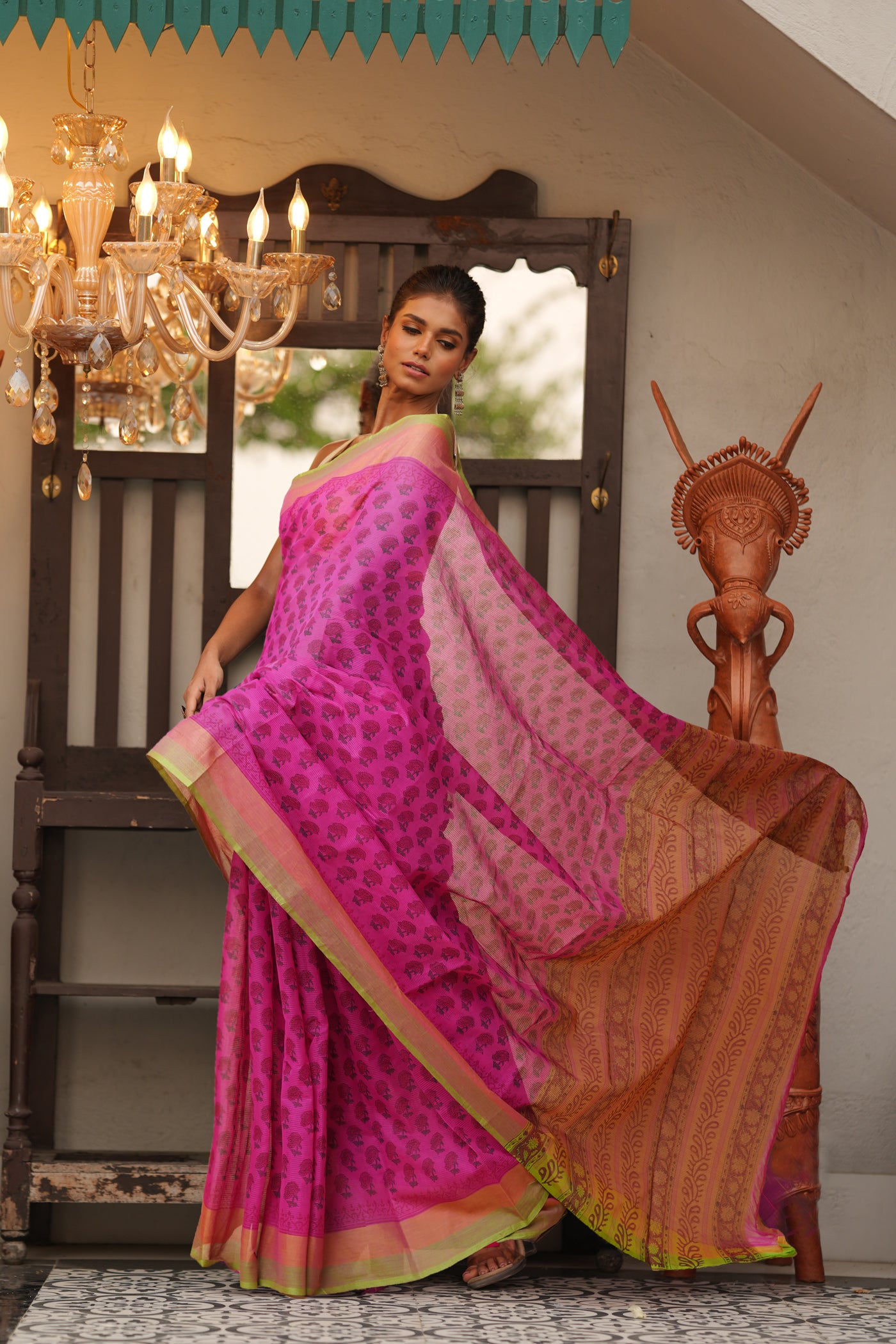 Pink Pure Block Printed Mangalgiri Cotton Saree