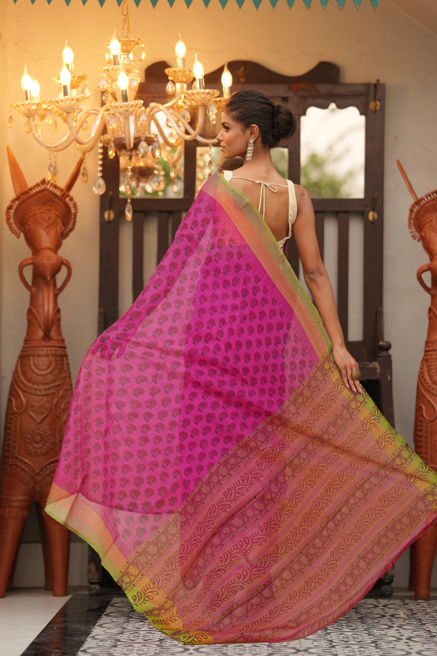 Pink Pure Block Printed Mangalgiri Cotton Saree