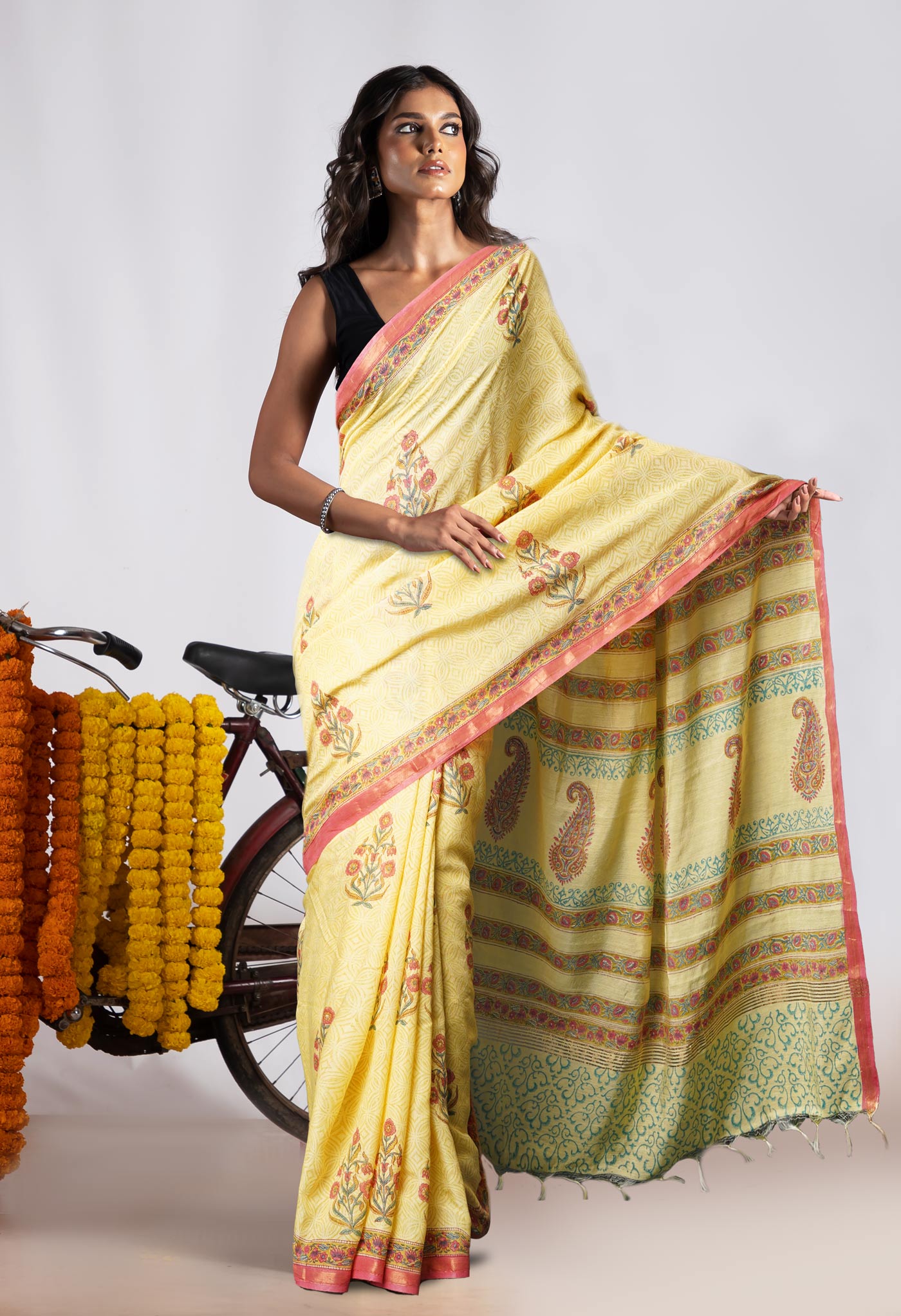 Yellow Pure  Pashmina Block Printed Chanderi Soft Silk Saree