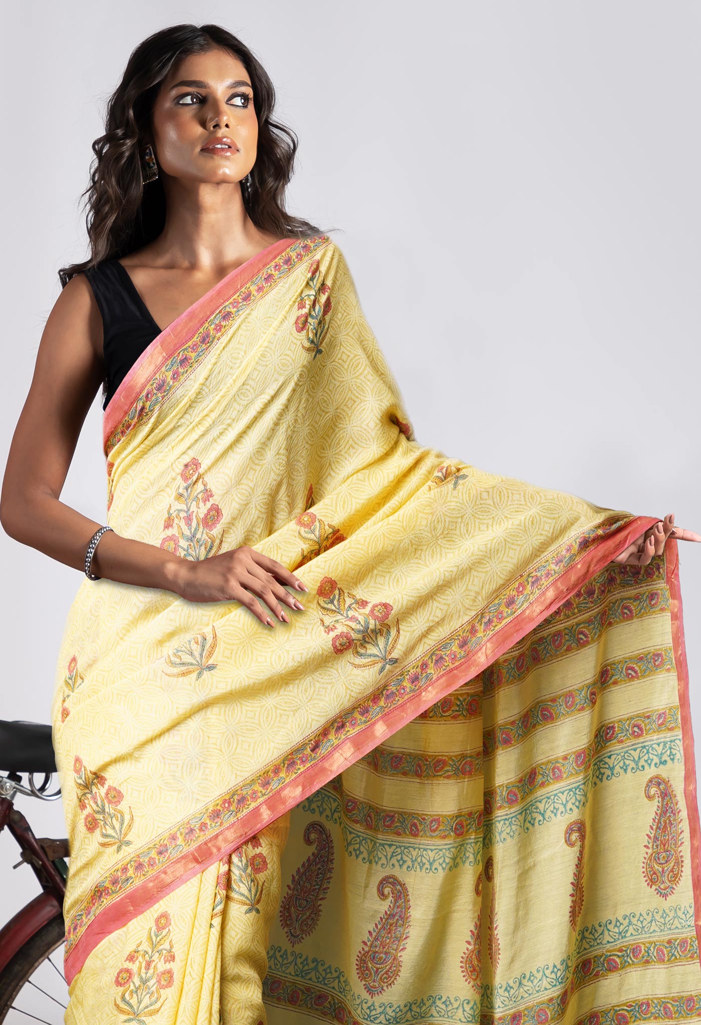 Yellow Pure  Pashmina Block Printed Chanderi Soft Silk Saree