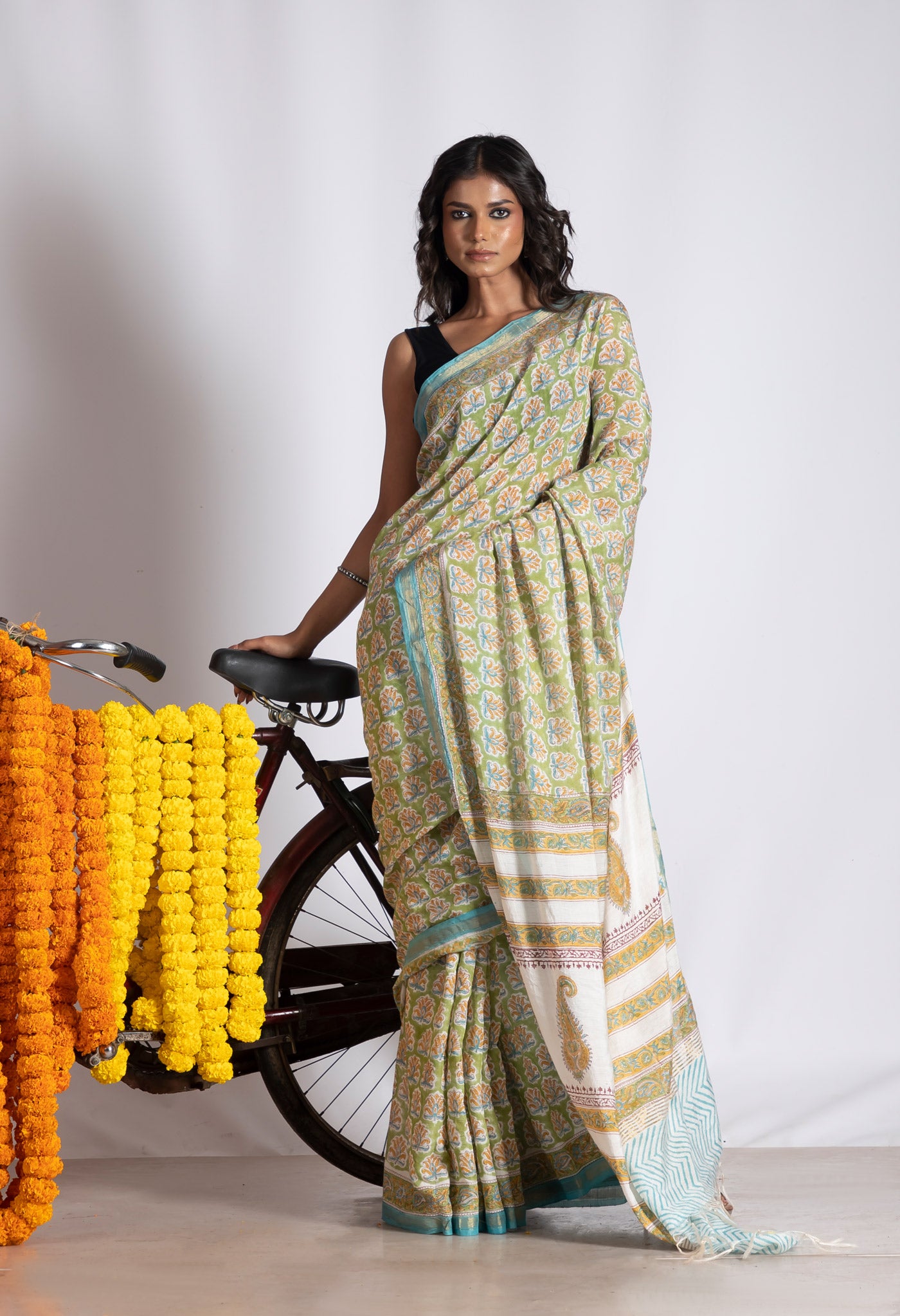 Green Pure  Pashmina Block Printed Chanderi Soft Silk Saree