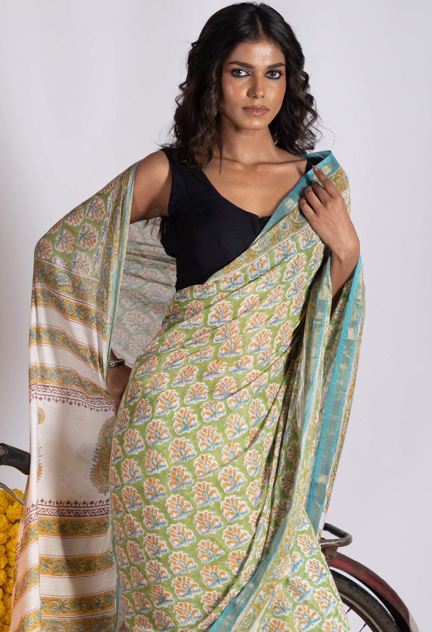 Green Pure  Pashmina Block Printed Chanderi Soft Silk Saree