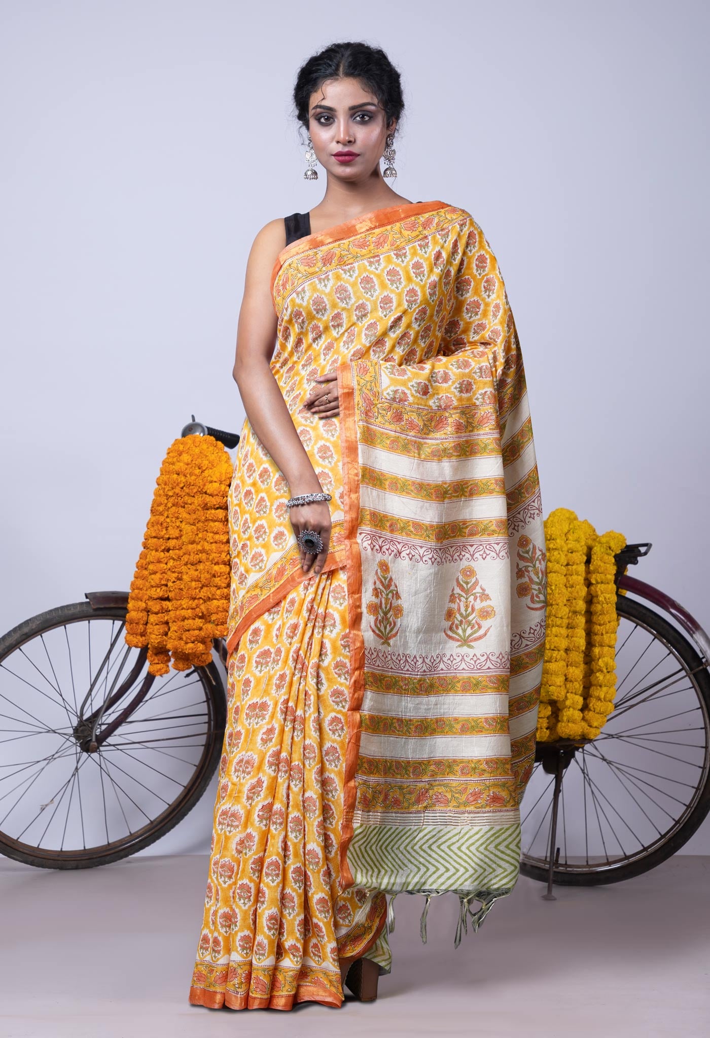 Yellow Pure  Pashmina Block Printed Chanderi Soft Silk Saree