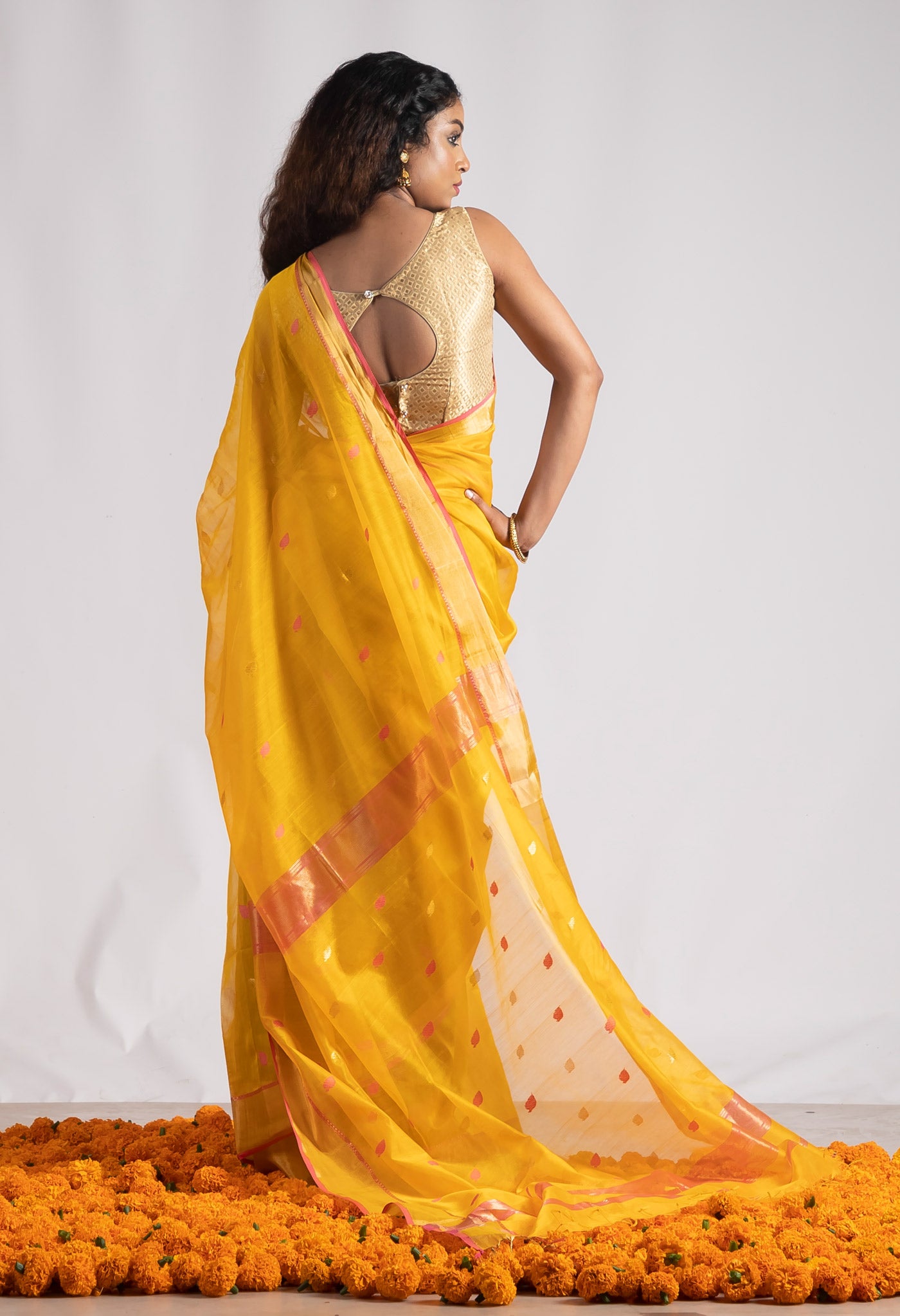 Yellow Pure Handloom Maheshwari Sico Saree