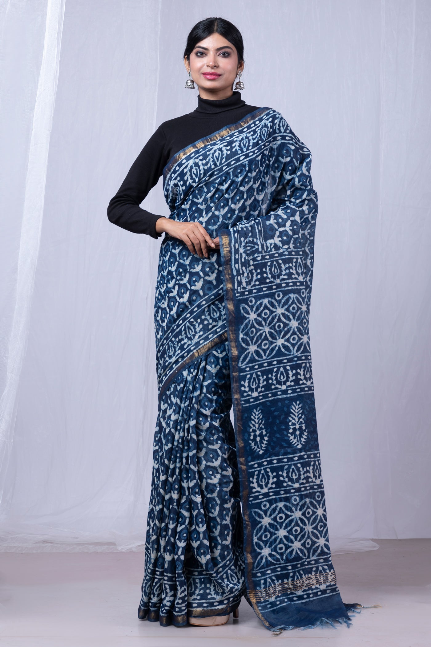 Indigo Blue Pure  Pashmina Block Printed Chanderi Sico Saree