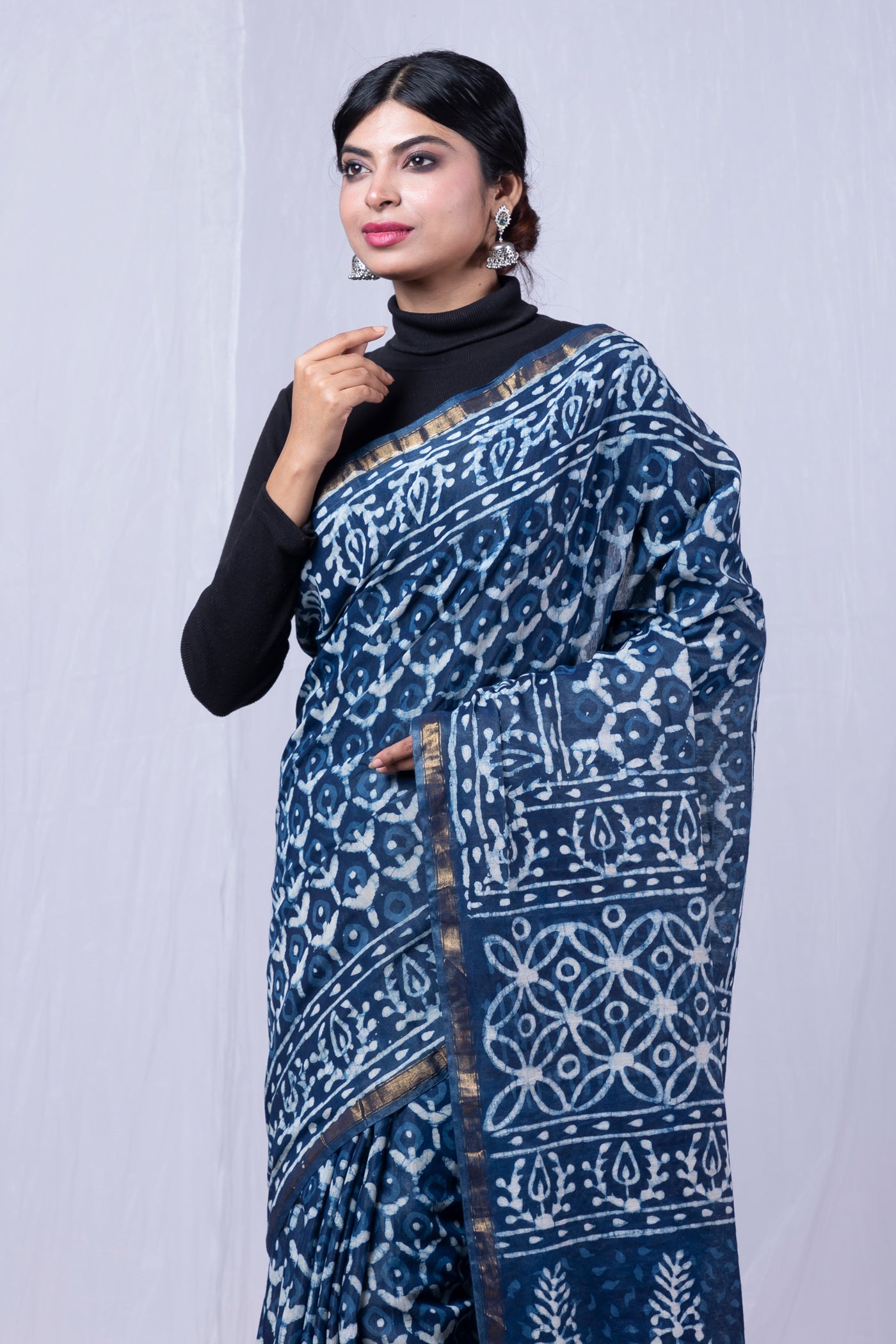 Indigo Blue Pure  Pashmina Block Printed Chanderi Sico Saree