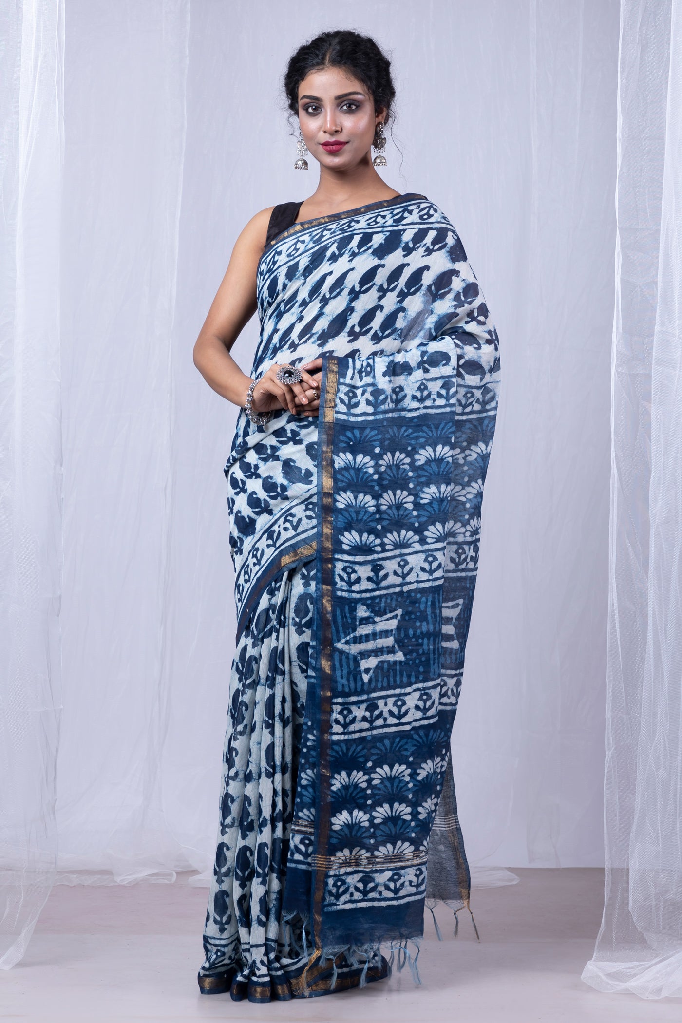 Indigo Blue Pure  Pashmina Block Printed Chanderi Sico Saree