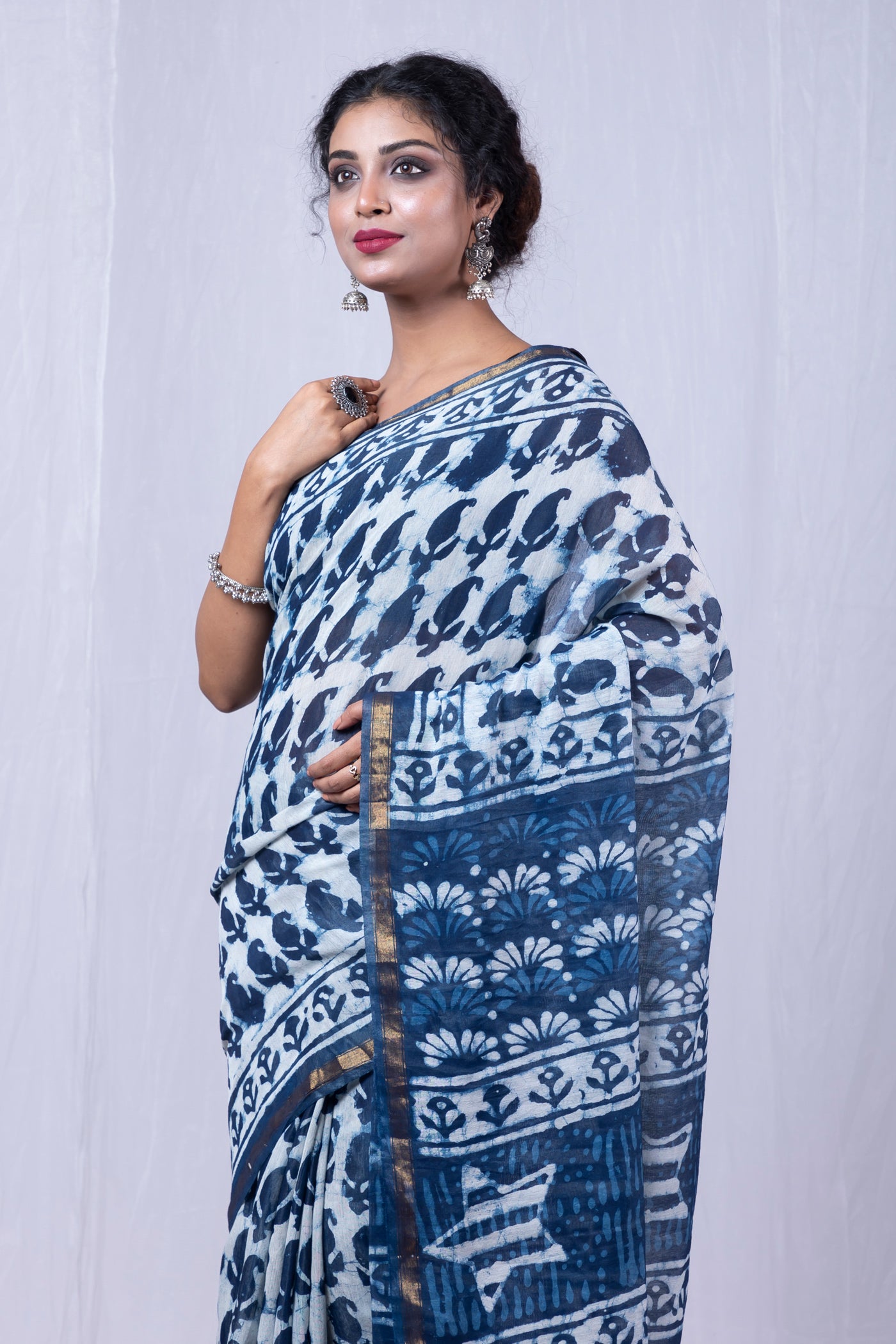 Indigo Blue Pure  Pashmina Block Printed Chanderi Sico Saree