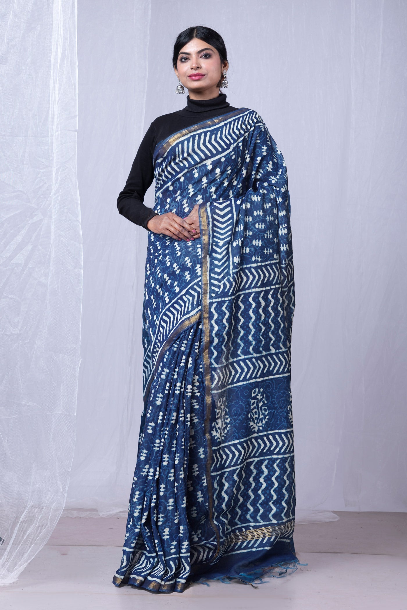 Indigo Blue Pure  Pashmina Block Printed Chanderi Sico Saree