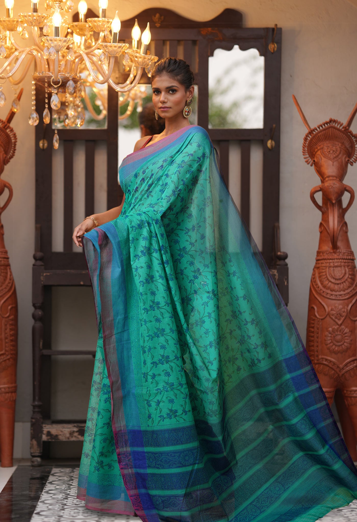 Green Pure Block Printed Mangalgiri Cotton Saree