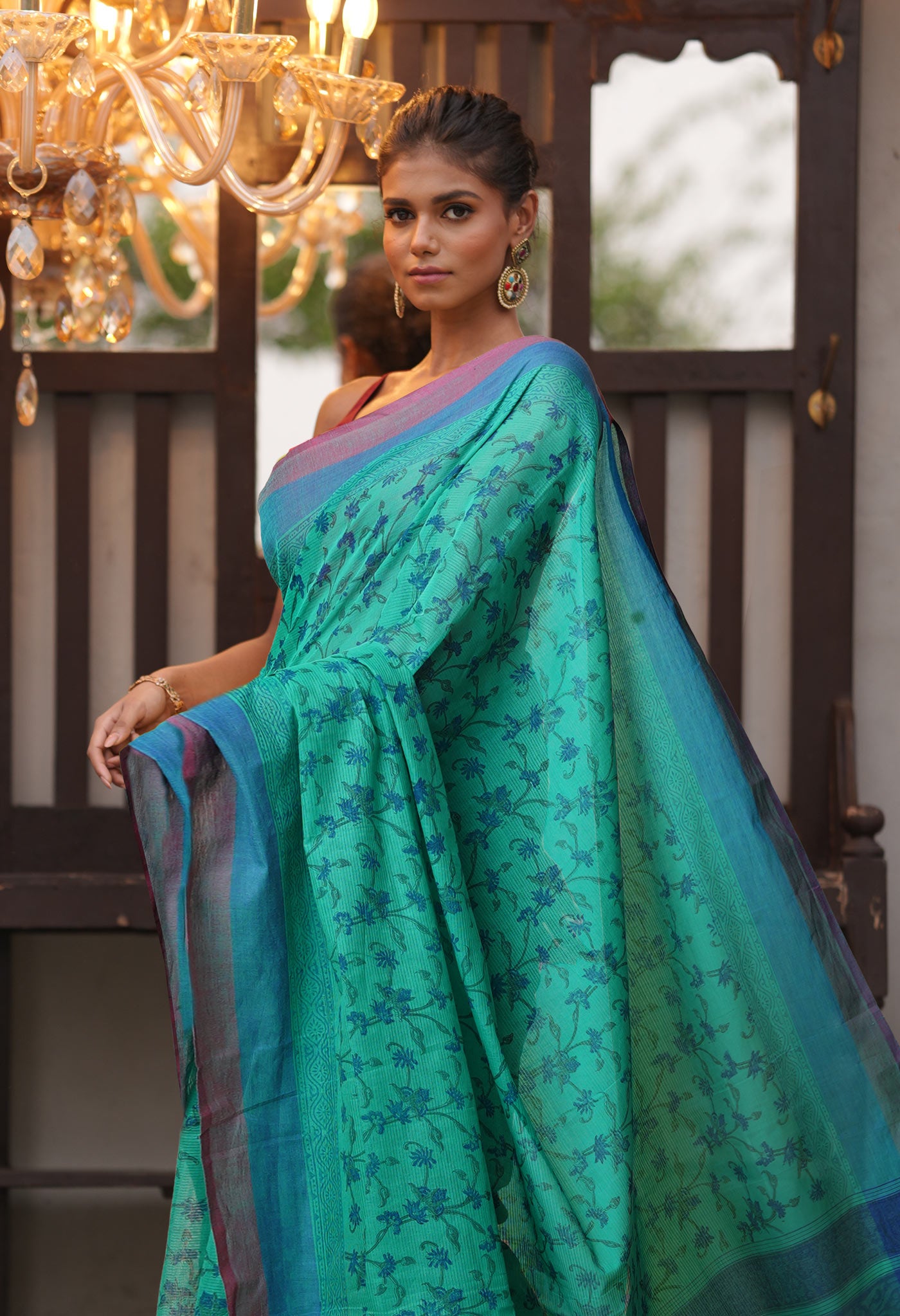 Green Pure Block Printed Mangalgiri Cotton Saree