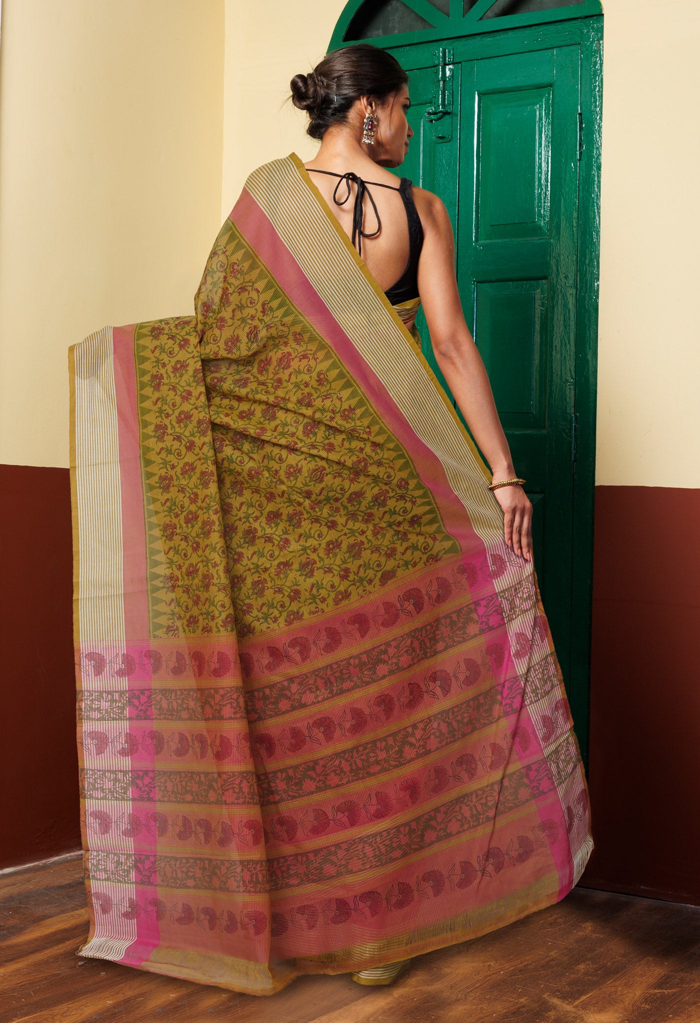 Mehind Green Pure Block Printed Mangalgiri Cotton Saree-UNM75925