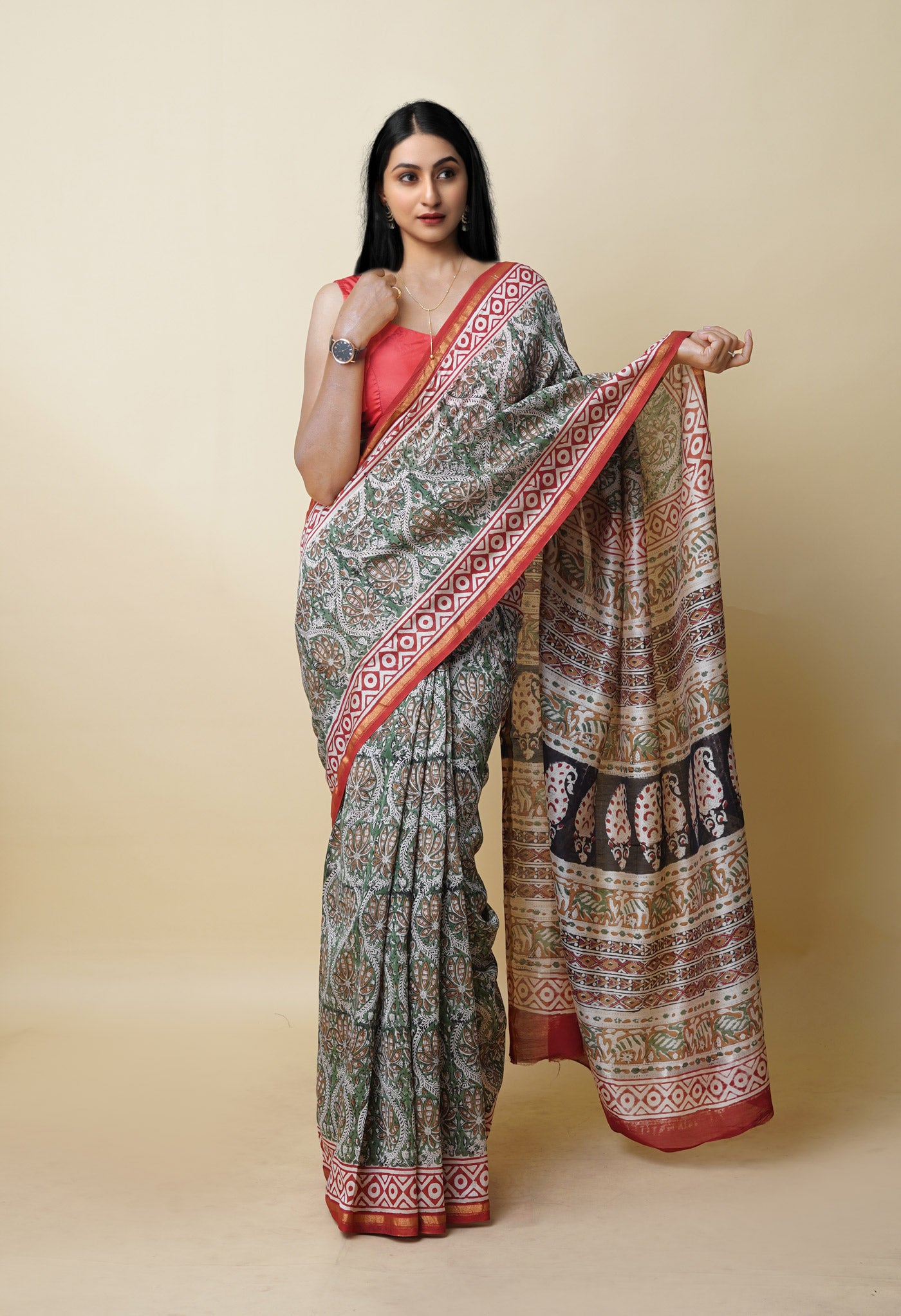 Green Pure  Block Printed Chanderi Sico Saree