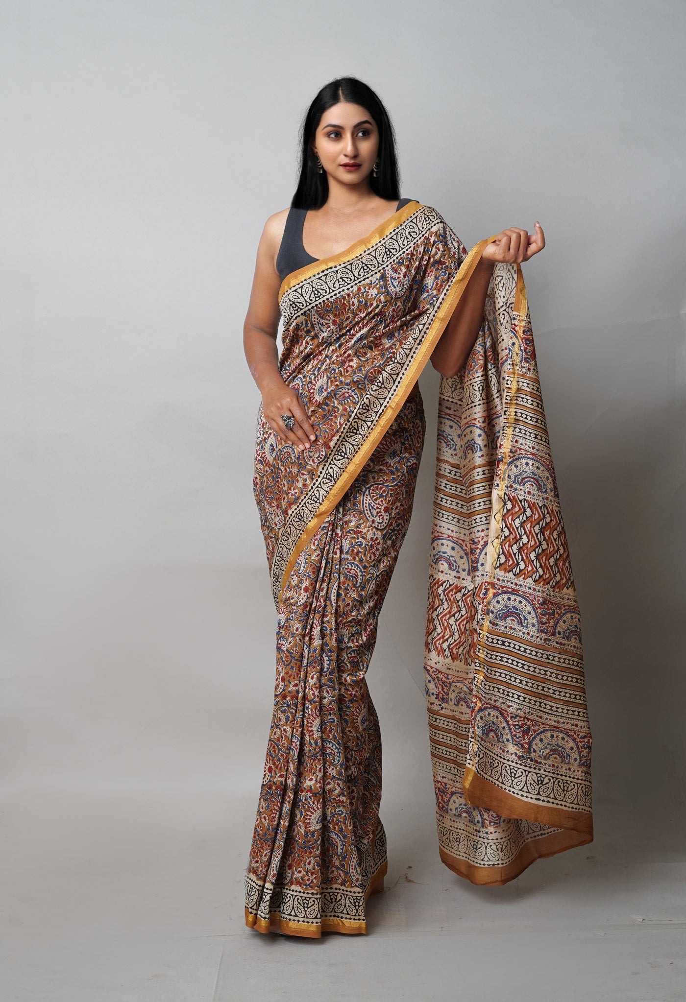 Brown Pure  Block Printed Chanderi Sico Saree