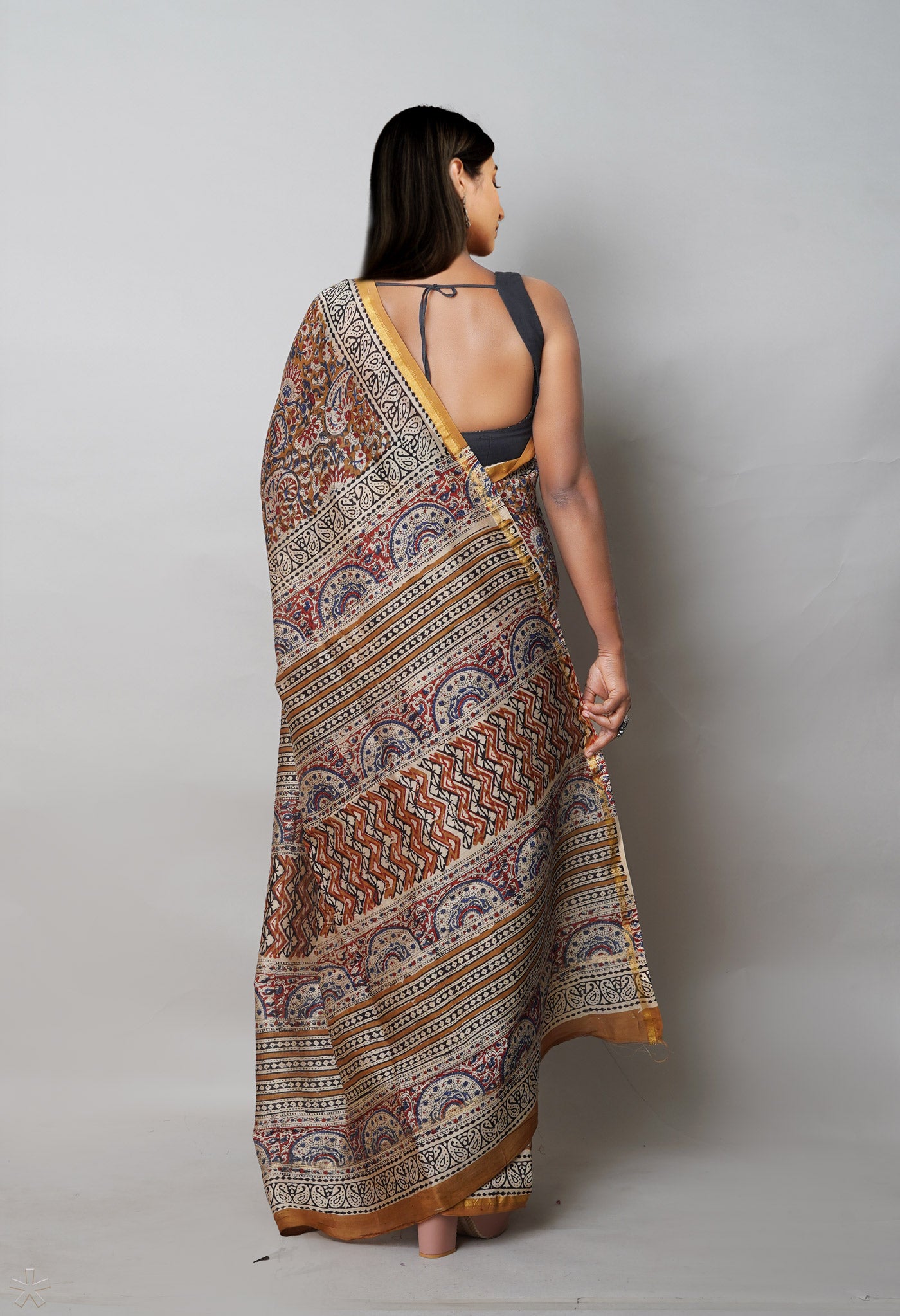 Brown Pure  Block Printed Chanderi Sico Saree