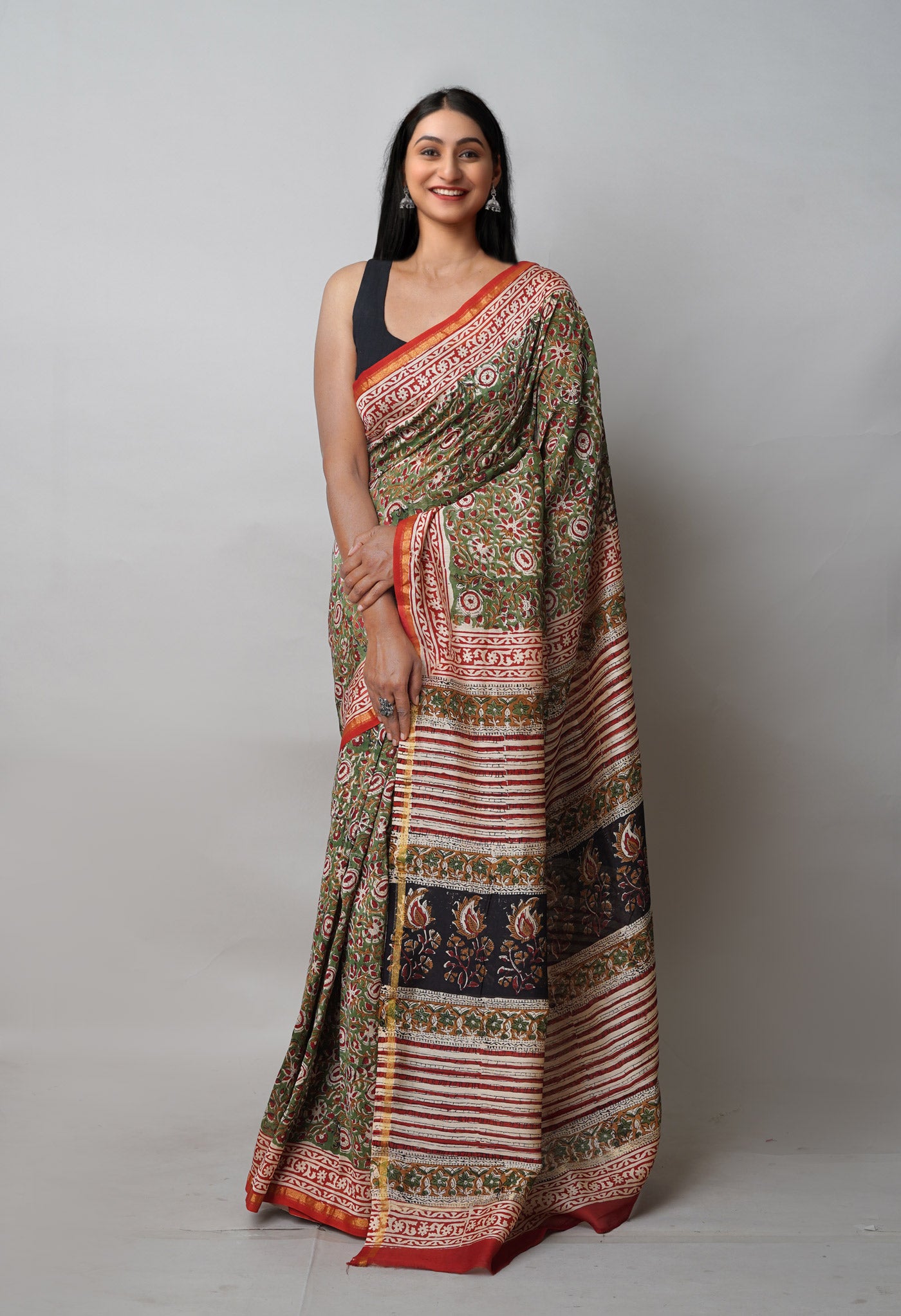 Green Pure  Block Printed Chanderi Sico Saree