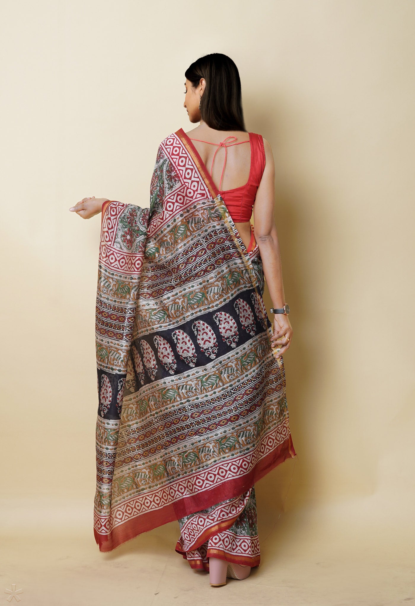 Green Pure Block Printed Chanderi Sico Saree