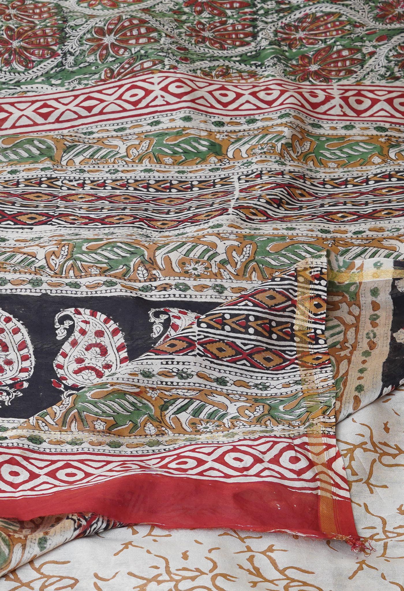 Green Pure Block Printed Chanderi Sico Saree