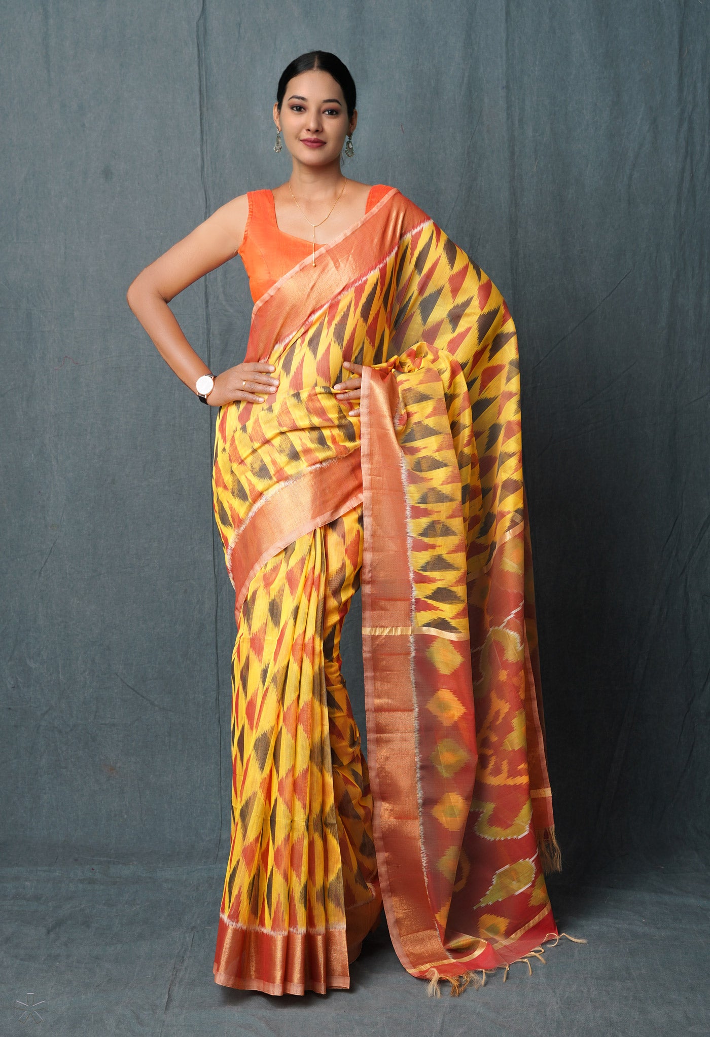 Yellow Pure Handloom Ikat Pochampally Sico Saree