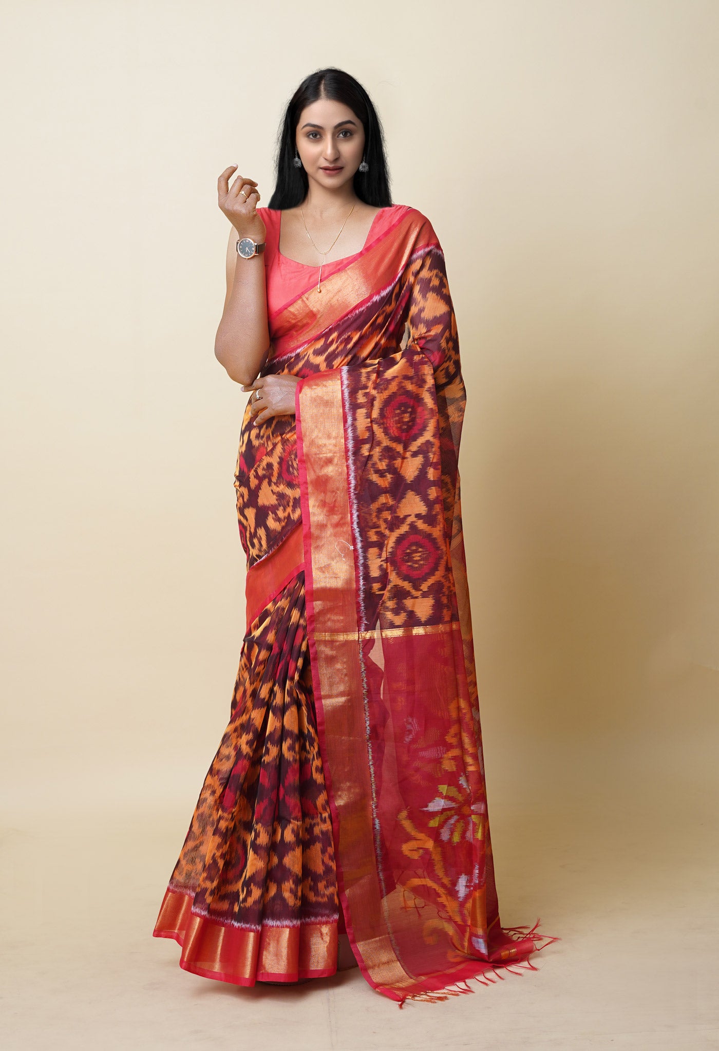 Brown Pure Handloom Ikat Pochampally Sico Saree