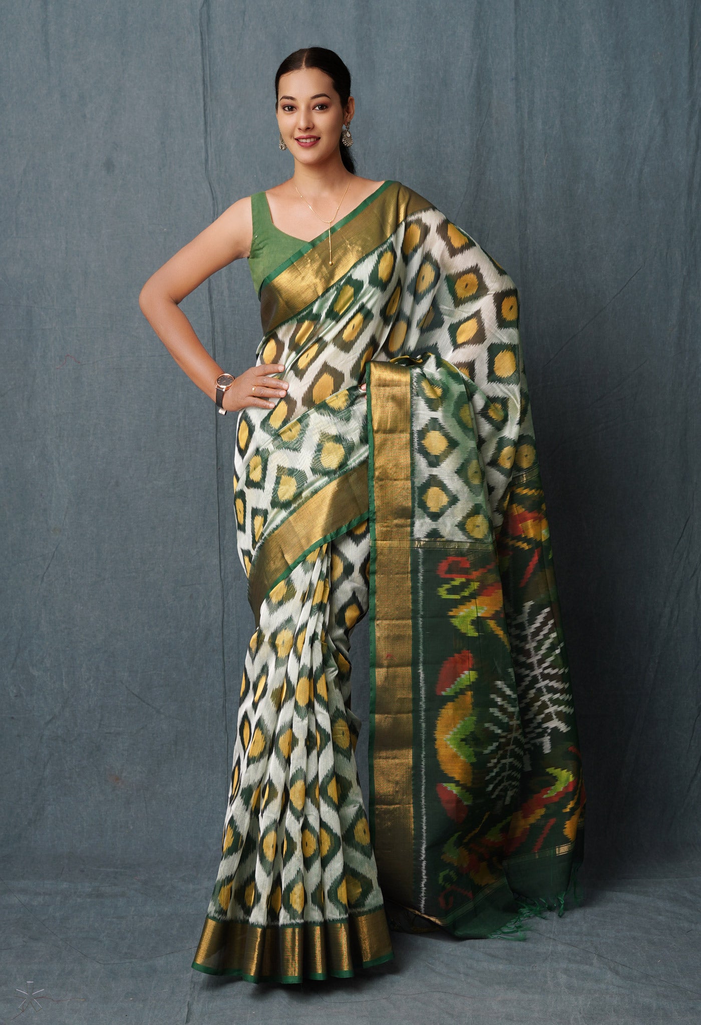 Green Pure Handloom Ikat Pochampally Sico Saree